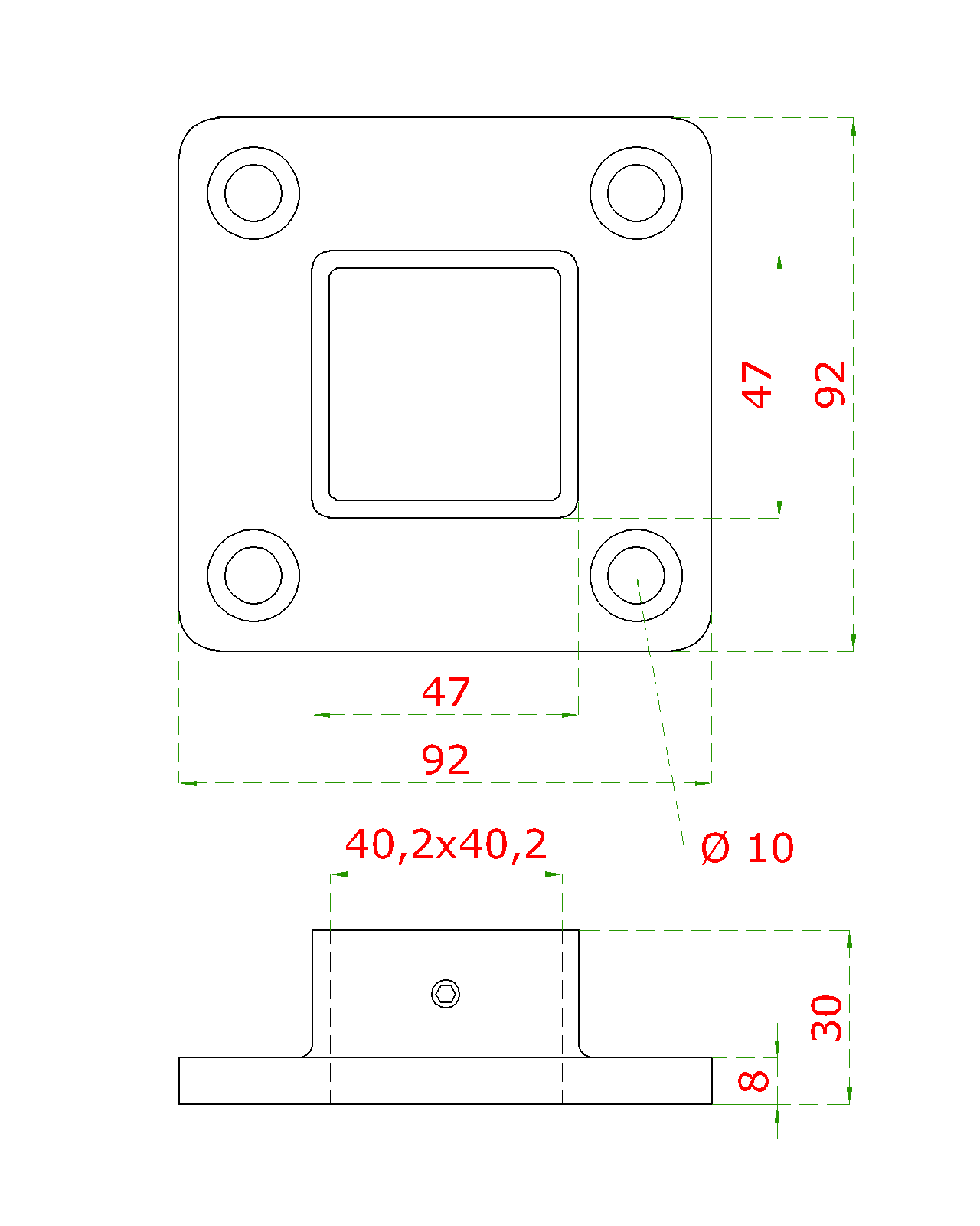 Príruba spodná 92 x 92 mm na jokel 40 x 40 mm, AISI 304