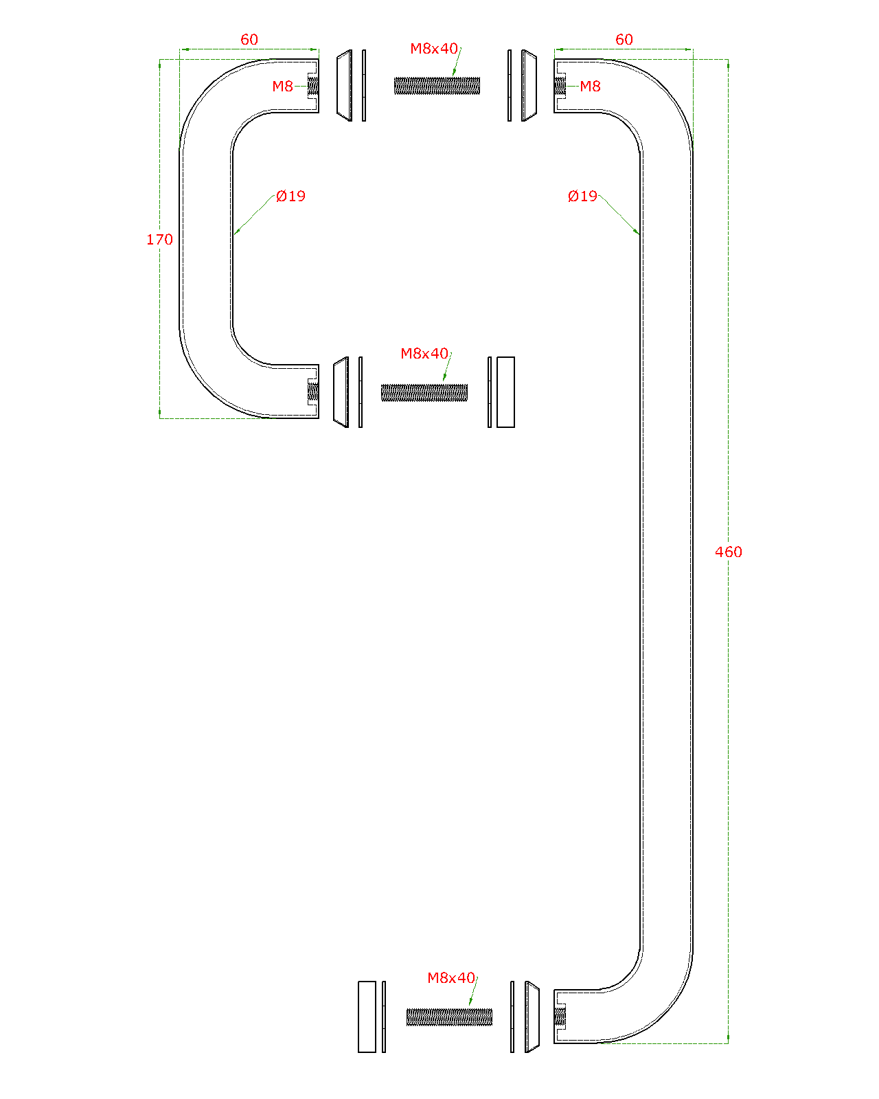 Madlo na dvere, L = 460 mm, sklo 8 - 12 mm, brúsená AISI 304
