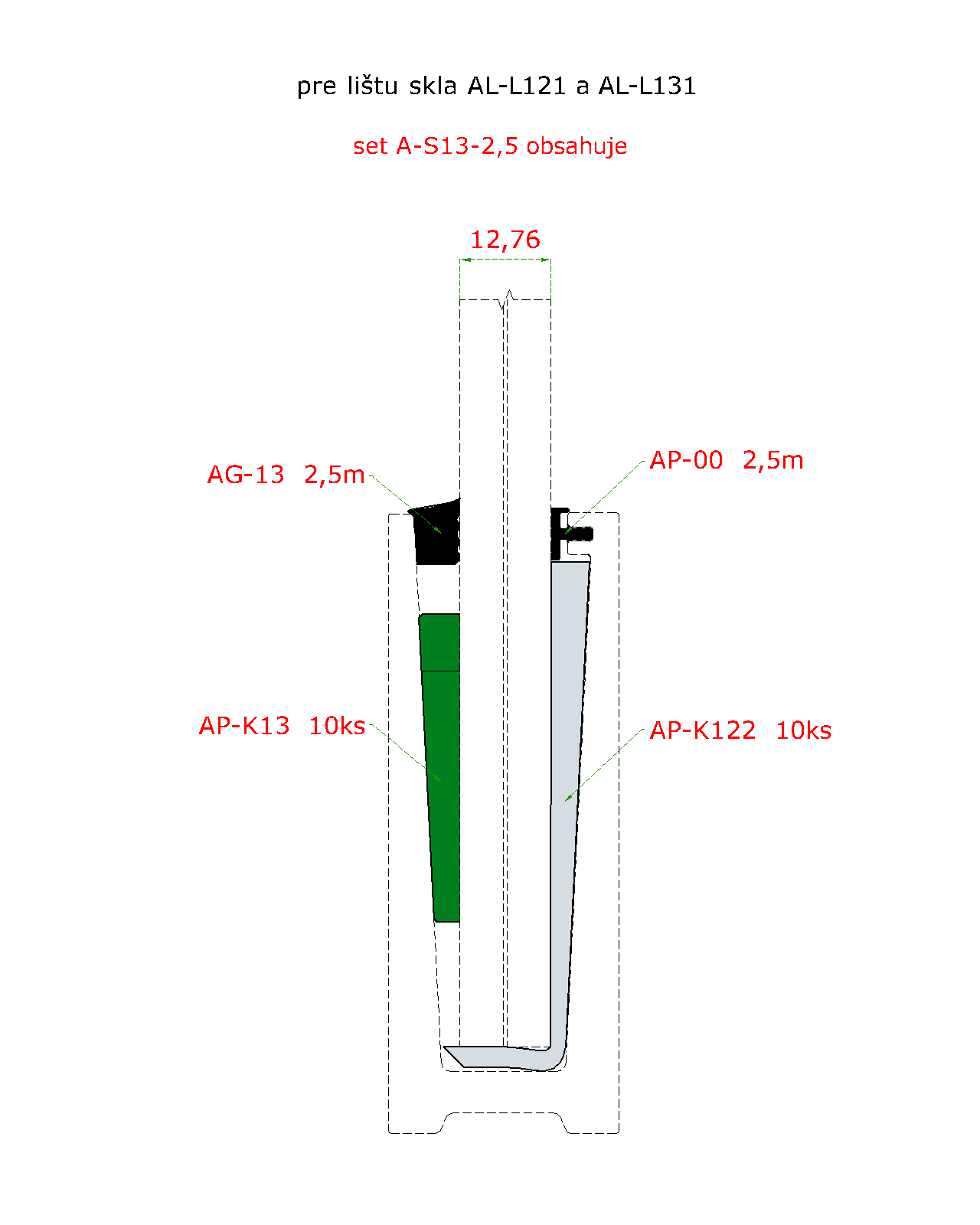 2,5 m set pre 12,76 mm sklo, k Al profilom