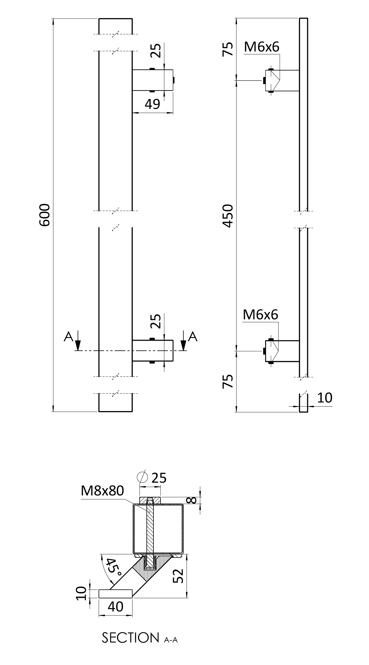 Madlo 45°, L = 600 mm, brúsená AISI304