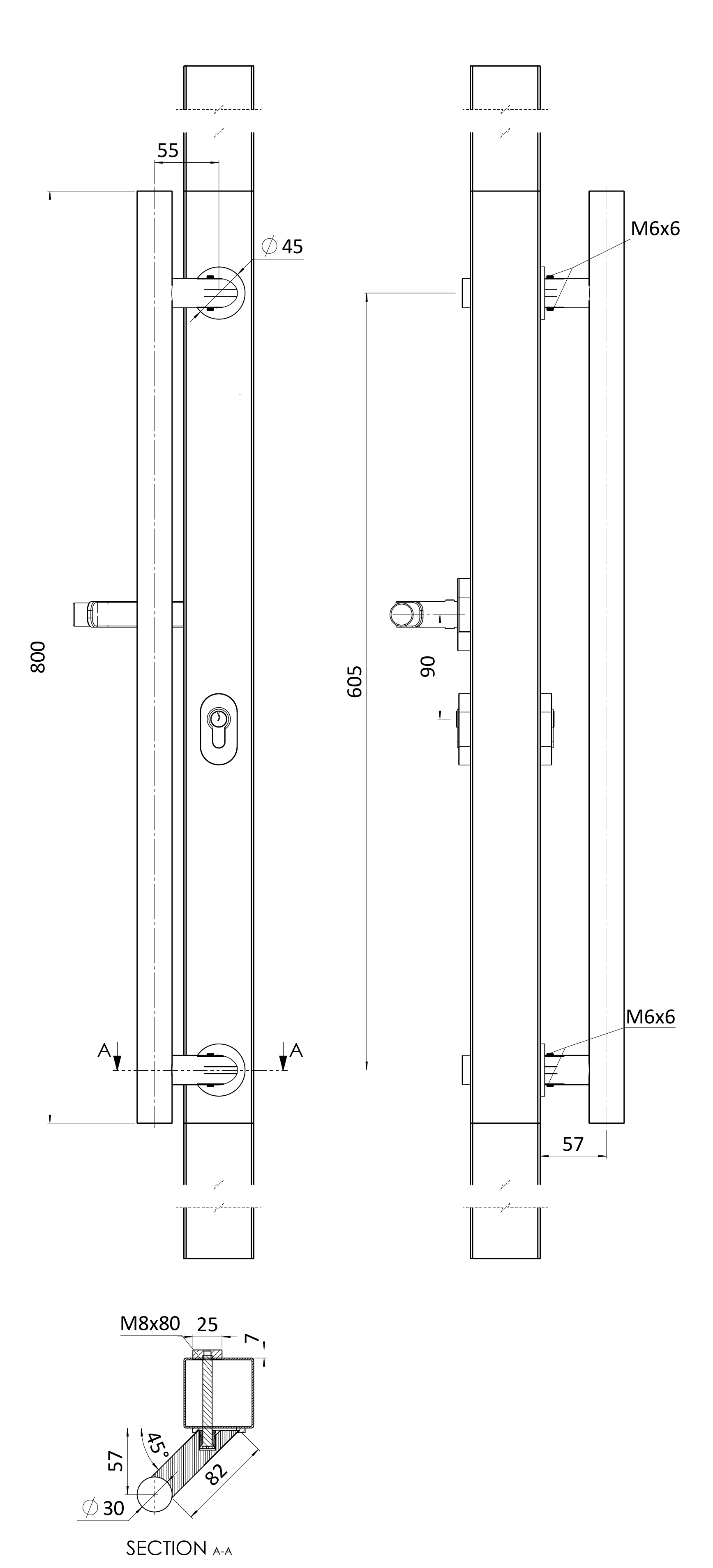 Madlo 45° a kľučka ľavá, L = 800 mm, AISI 304