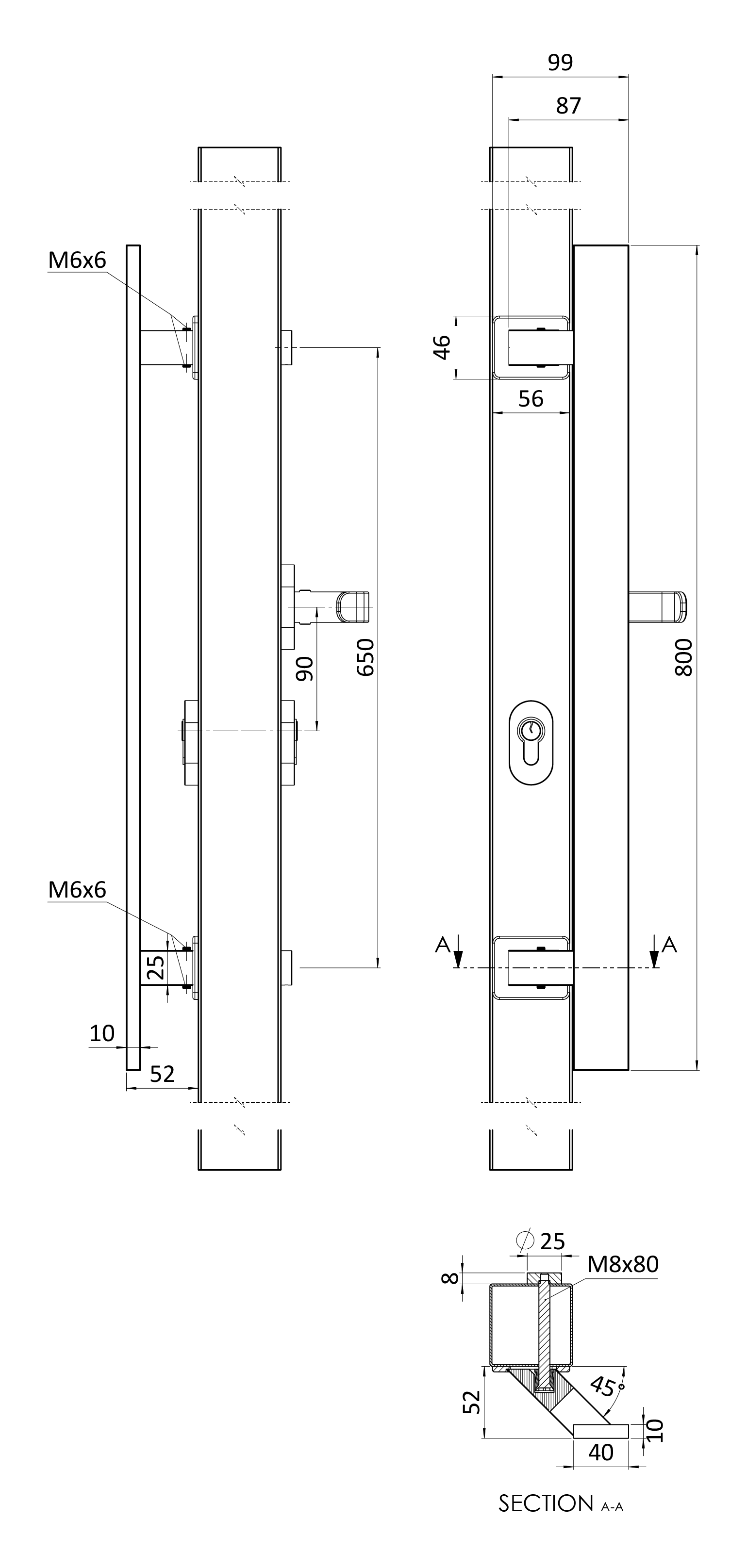 Madlo 45° a kľučka ľavá, L = 800 mm, AISI 304