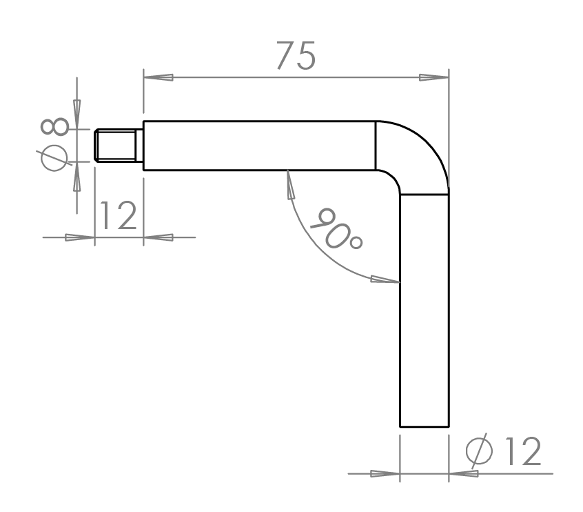 Uholník 90°, M8/M6, ø 12 mm, L = 75 mm, brúsená AISI 304