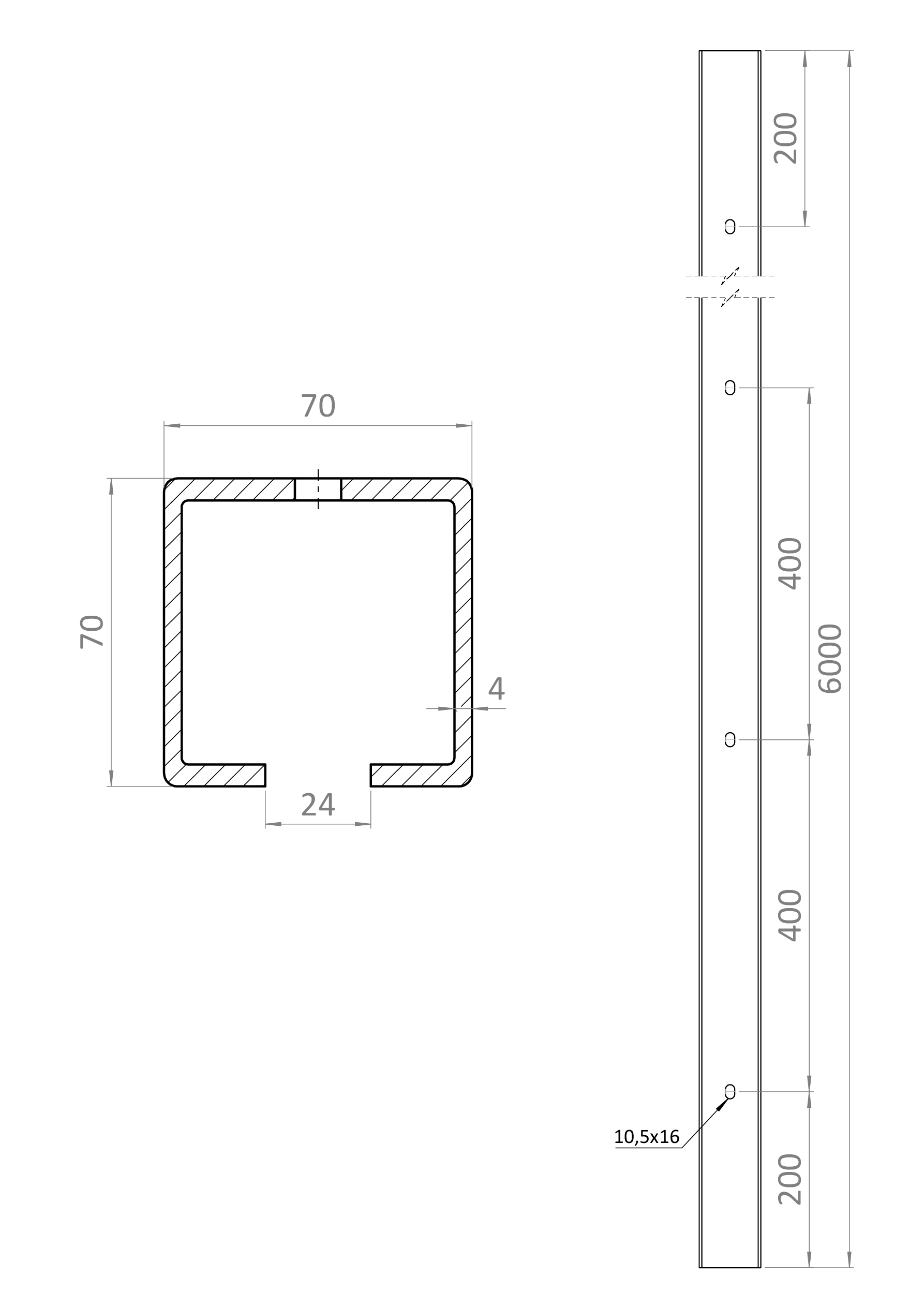 C profil 70 x 70 x 4 x 3000 mm s otvormi, pozinkovaný