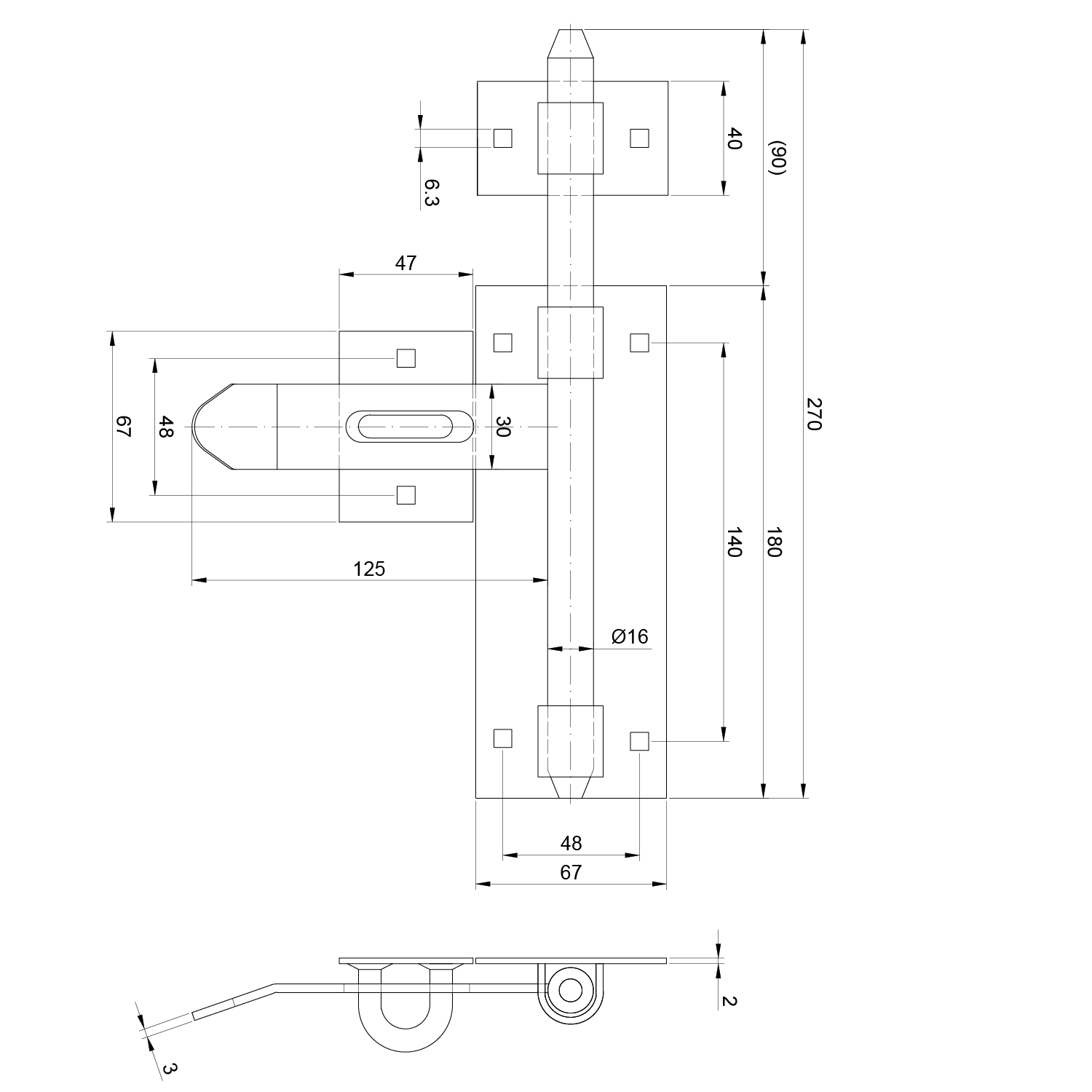 Rígeľ ø 16 mm, L = 270 mm, pozinkovaný