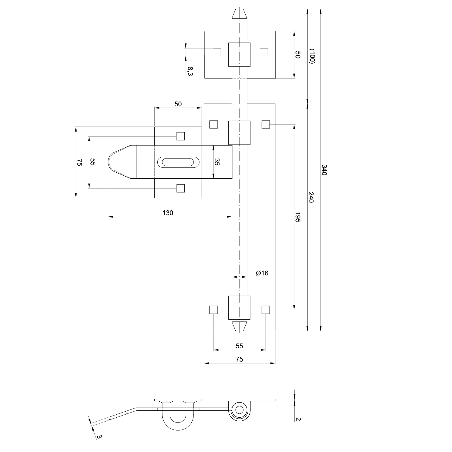 Rígeľ ø 16 mm, L = 340 mm, pozinkovaný