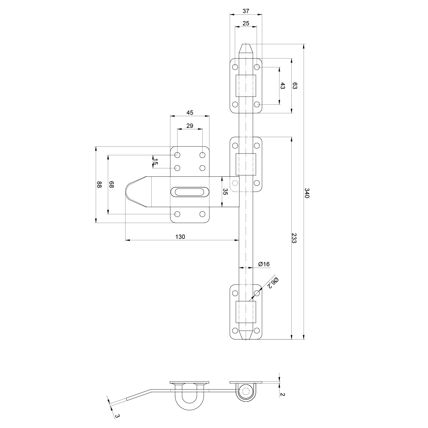 Rígeľ navárací ø 16 mm, L = 340 mm, pozinkovaný