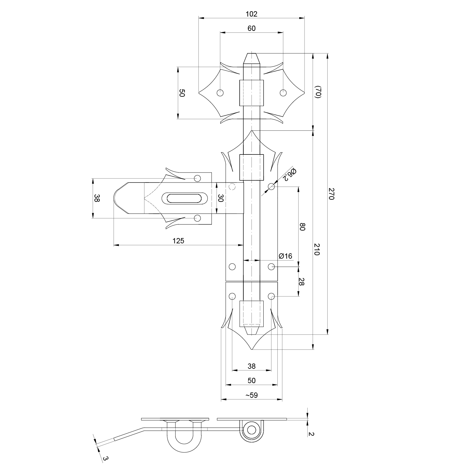 Rígeľ ø 16 mm, L = 270 mm, povrch čierny lak