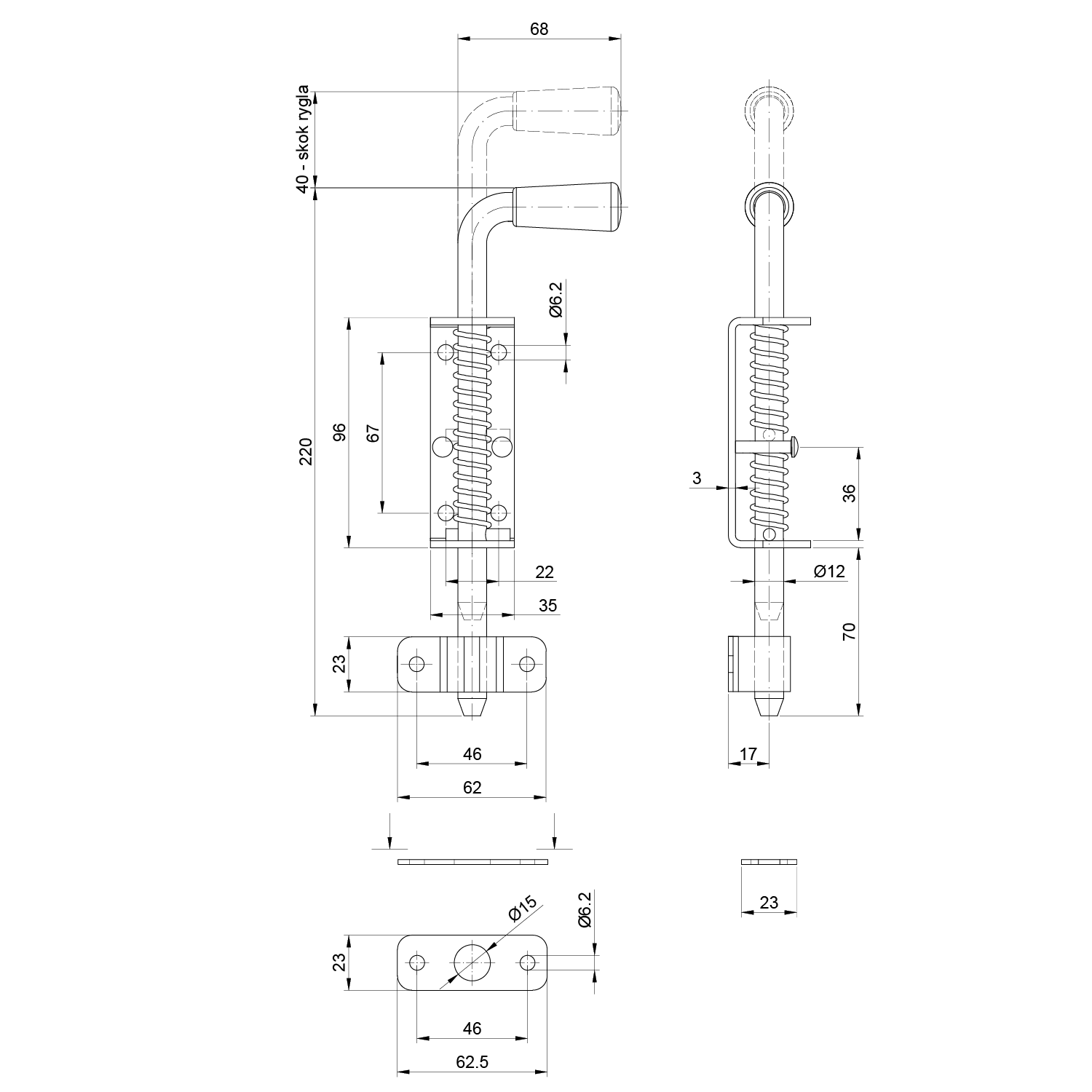 Rígeľ navárací ø 12 mm, L = 220 mm, pozinkovaný s pružinou