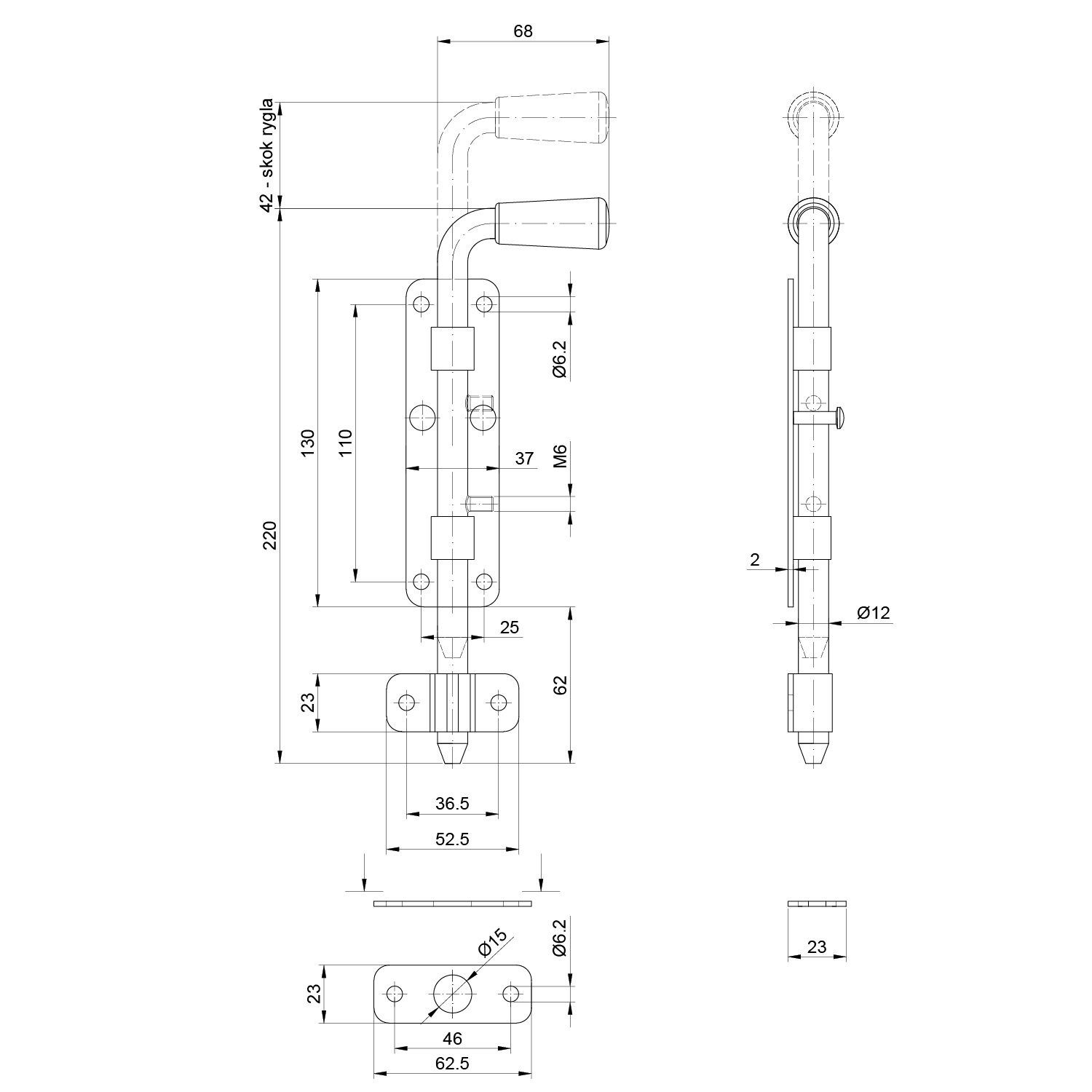 Rígeľ ø 12 mm, L = 220 mm, pozinkovaný
