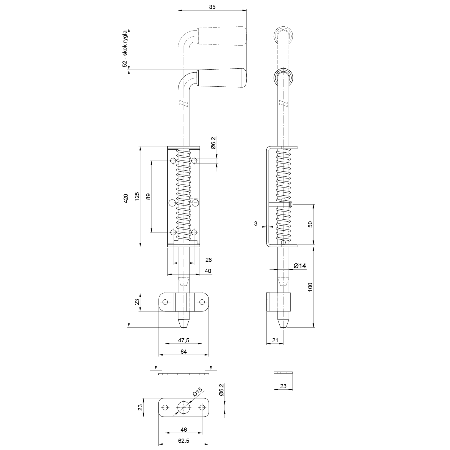 Rígeľ navárací ø 14 mm, L = 420 mm, pozinkovaný s pružinou