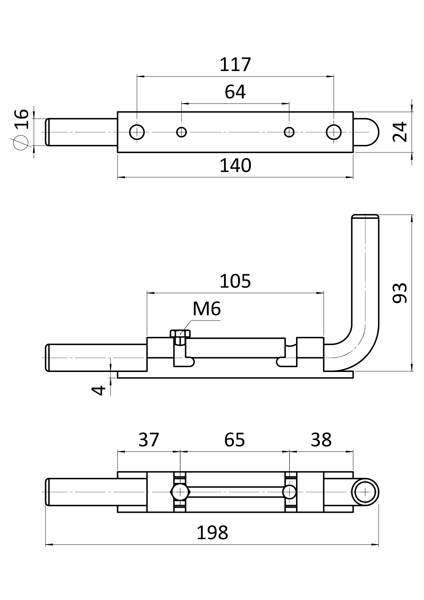 Rígeľ ø 16 mm, L = 200 mm, pozinkovaný