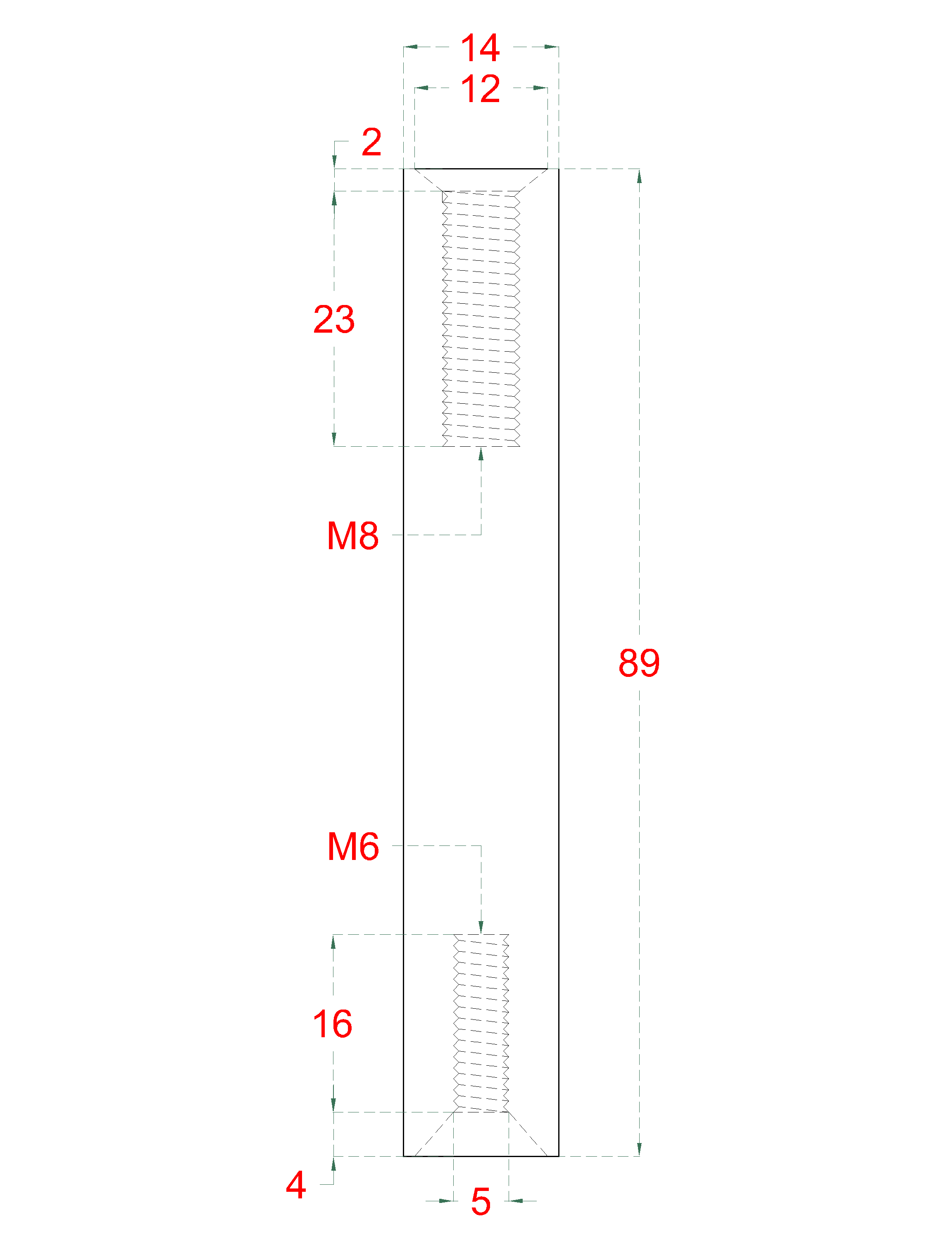 Čap, ø 14 mm, L = 89 mm, závit M6/M8, brúsená nerez AISI 304