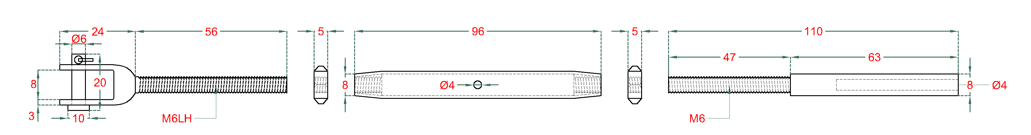 Lepiaci úchyt, šponovák pre lanko ø 4 mm, M6/LH6, AISI 304