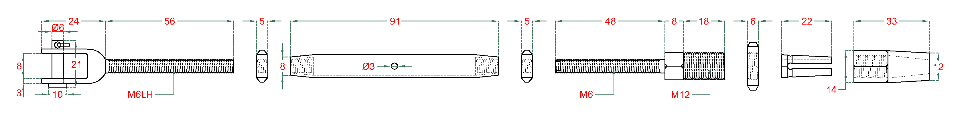 Šponovák pre lanko ø 4 mm závit M6/LH6, brúsená AISI 304