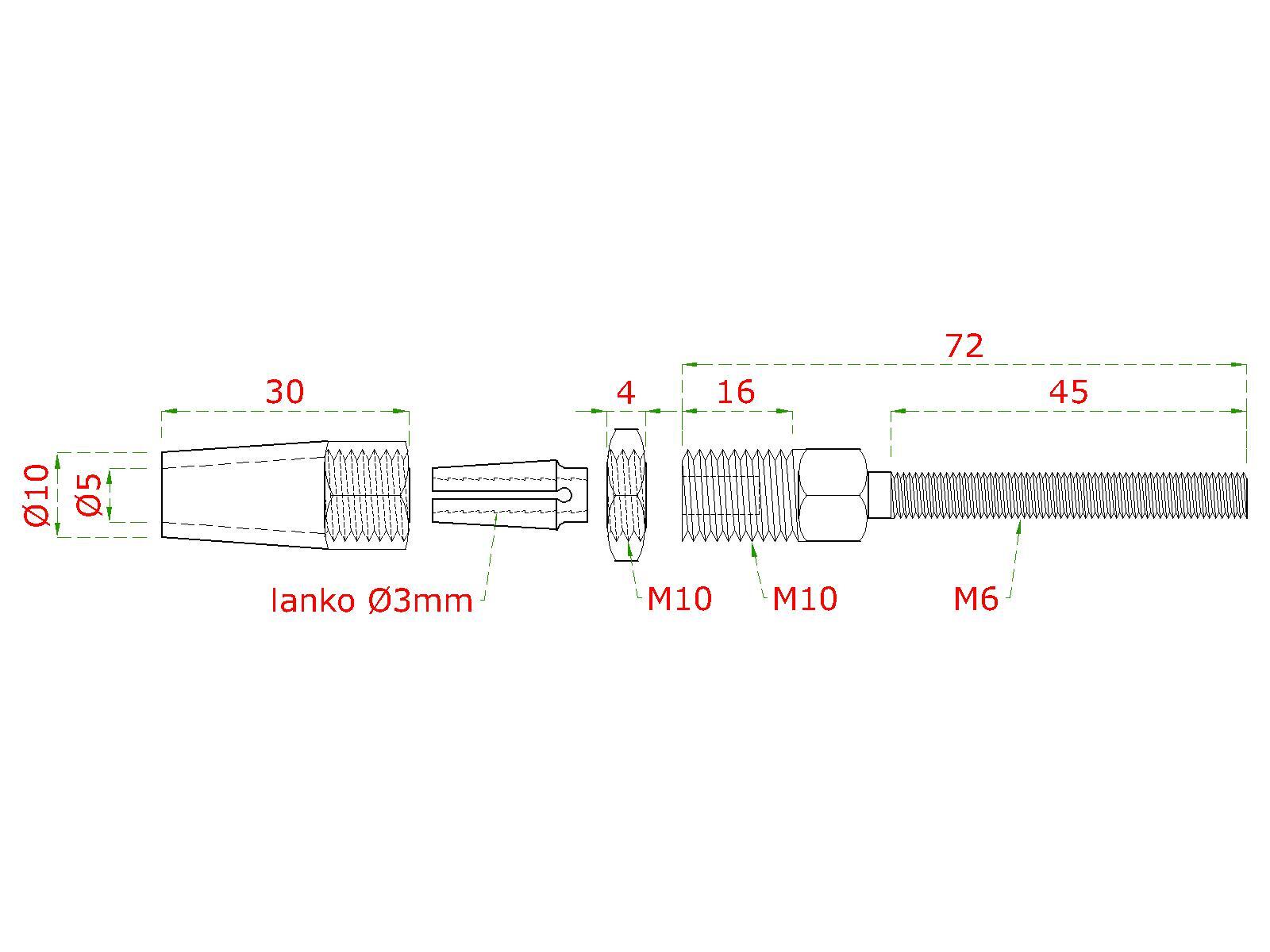 Úchyt pre lanko ø 3 mm, závit M6, brúsená AISI 304