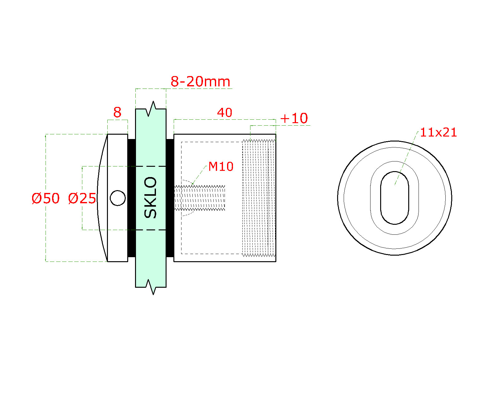 Svorka bodová, sklo 12 - 20 mm, ø 50 mm, M10, AISI 304