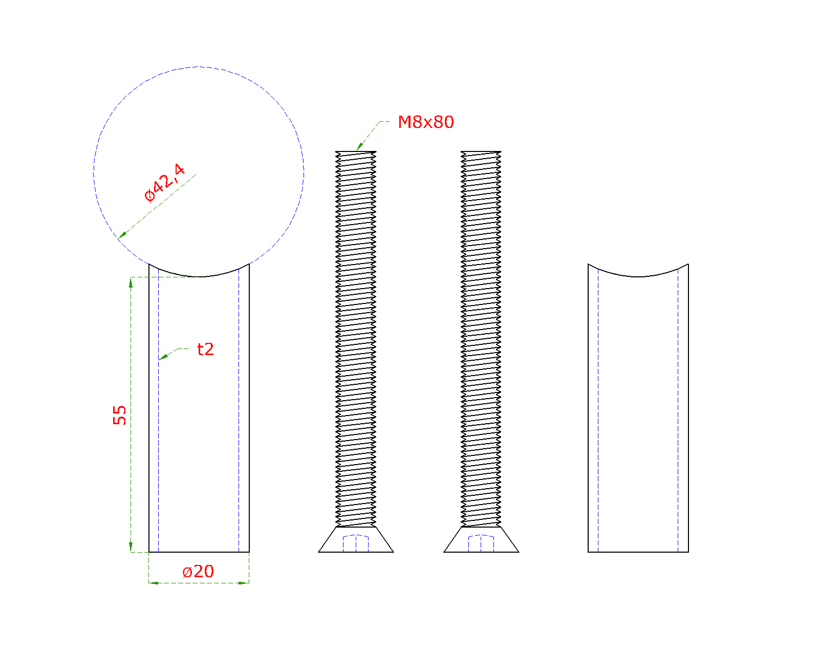 Prechod medzi stĺpom ø 42,4 mm a platňou, L = 55 mm