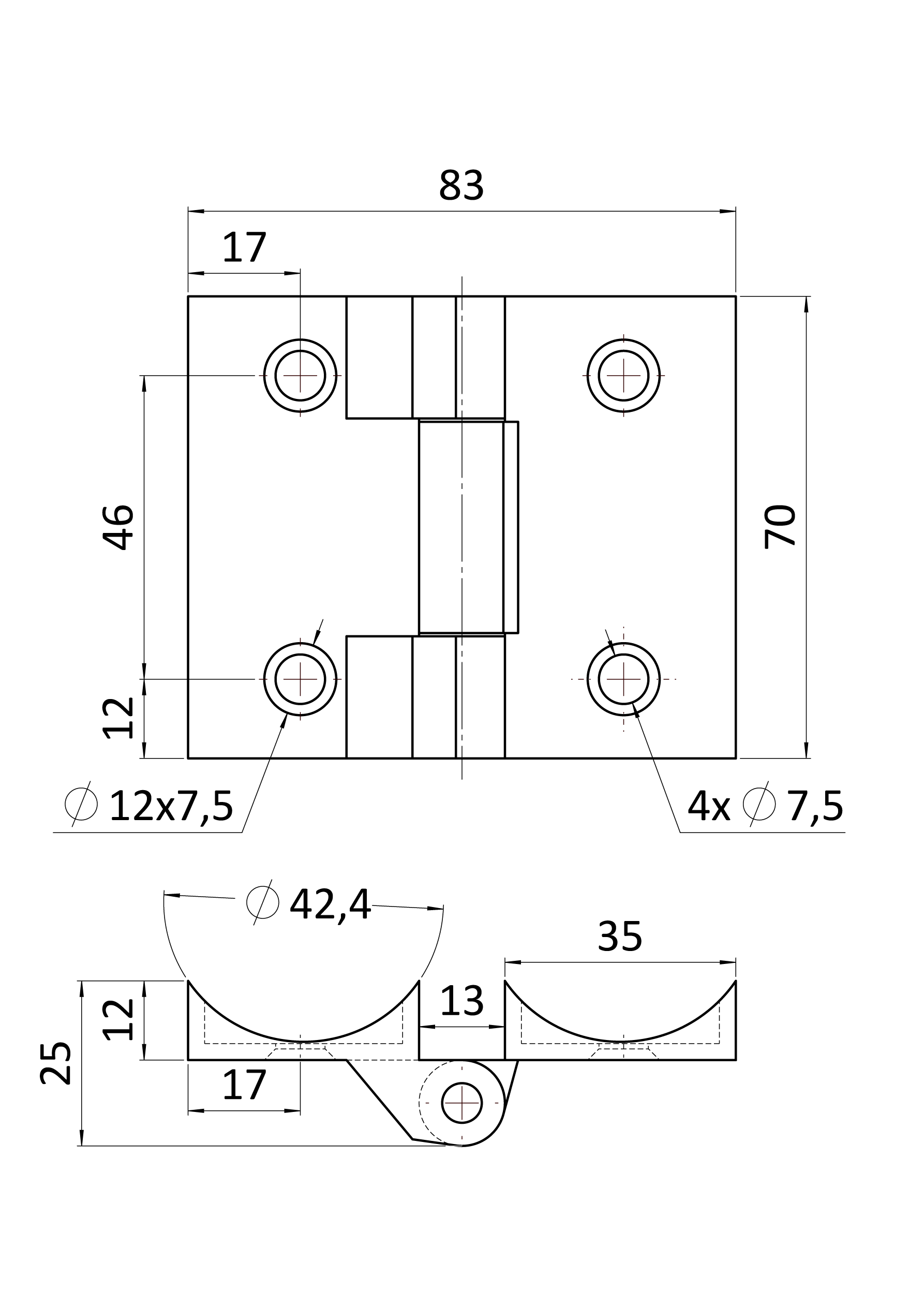 Záves na brány, trubka ø 42,4 mm, L = 70 mm, AISI 304
