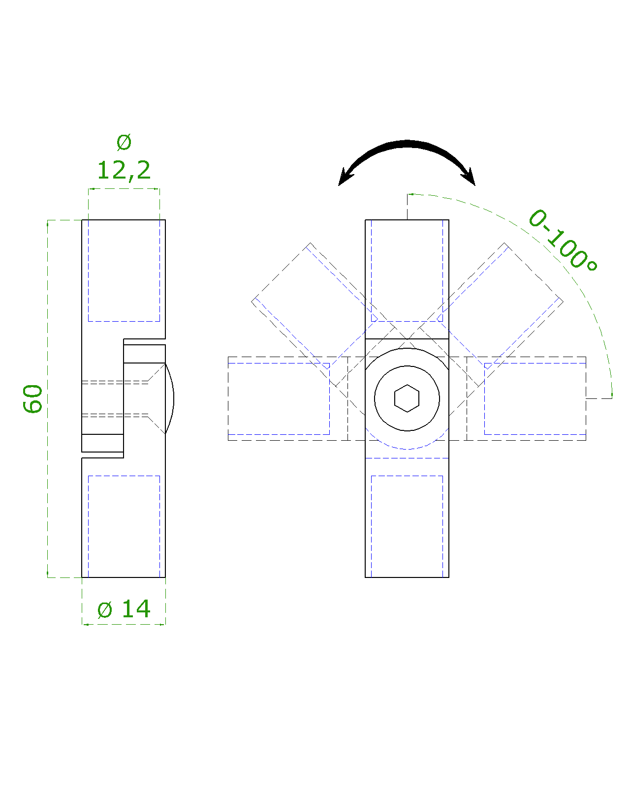 Spoj s kĺbom ø 12 mm (0-100°), brúsená nerez AISI 316