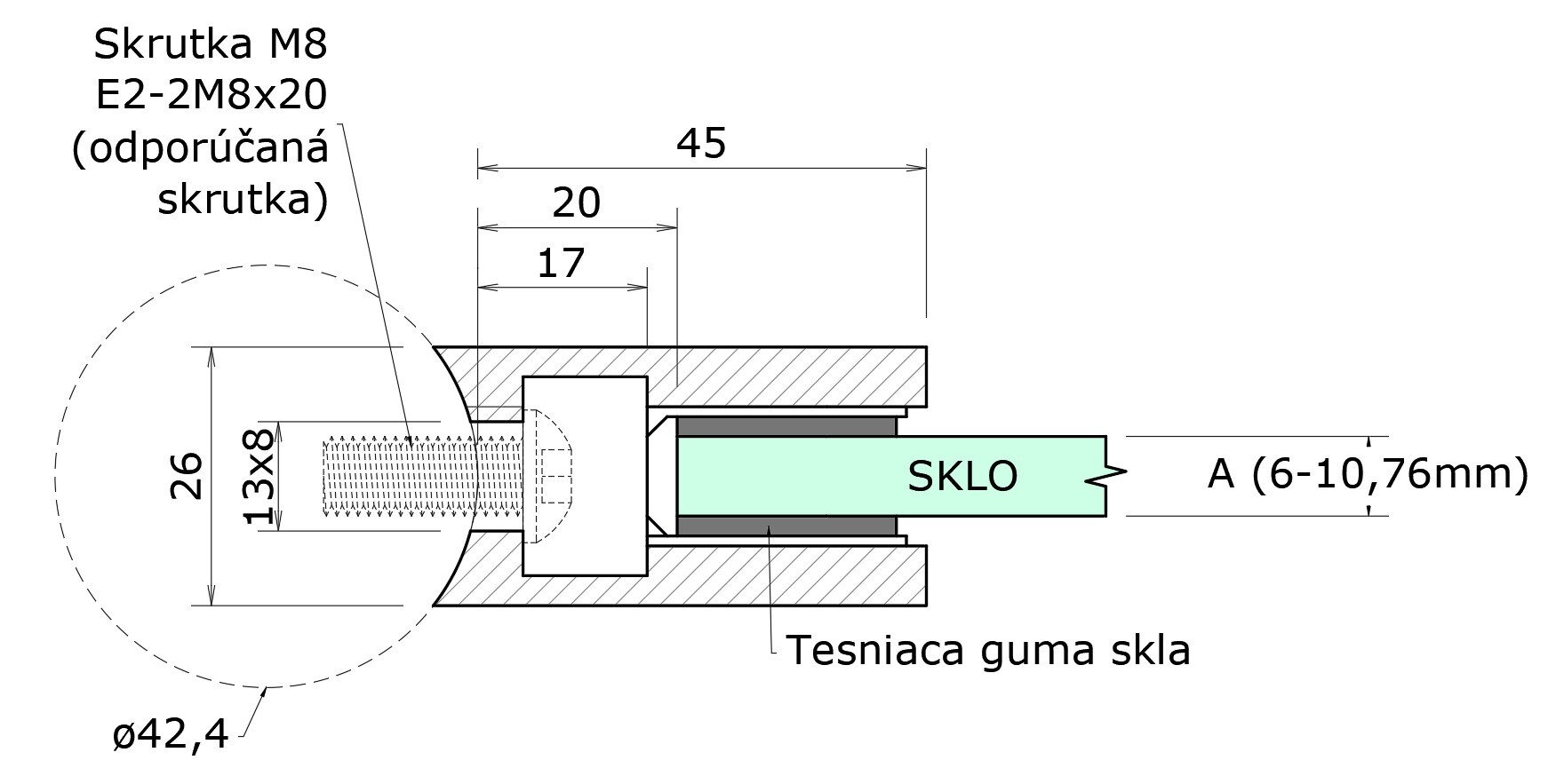 Svorka skla 6 - 10,76 mm na trubku ø 42,4 mm, AISI 316