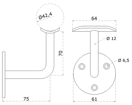 Držiak madla ø 42,4 mm na stenu, brúsená nerez AISI 316