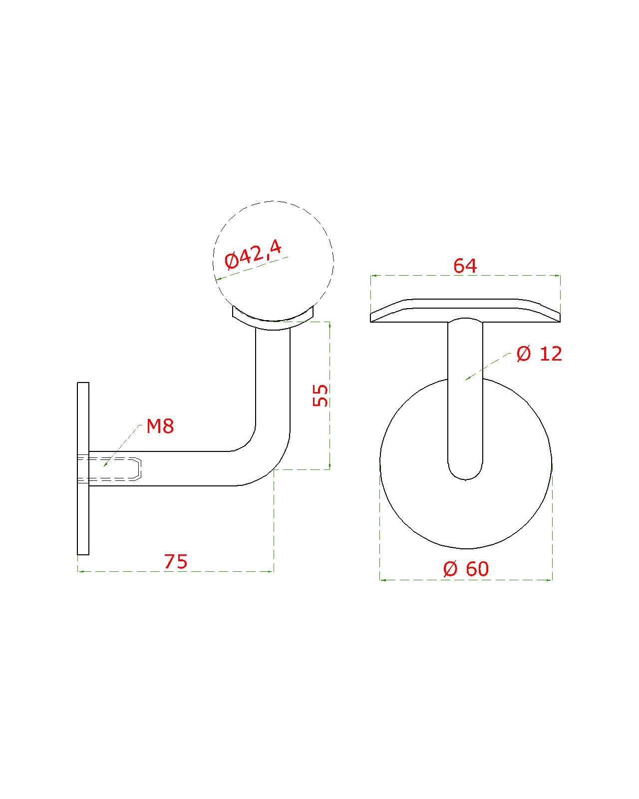 Držiak madla ø 42,4 mm na stenu, brúsená nerez AISI 316