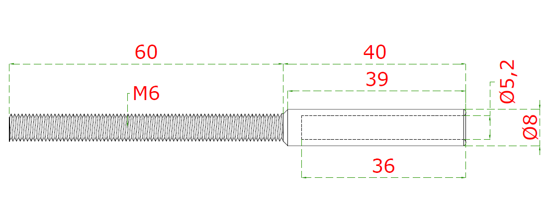 Úchyt pre lanko ø 5 mm s vonkajším závitom M6 x 60 mm, nerez