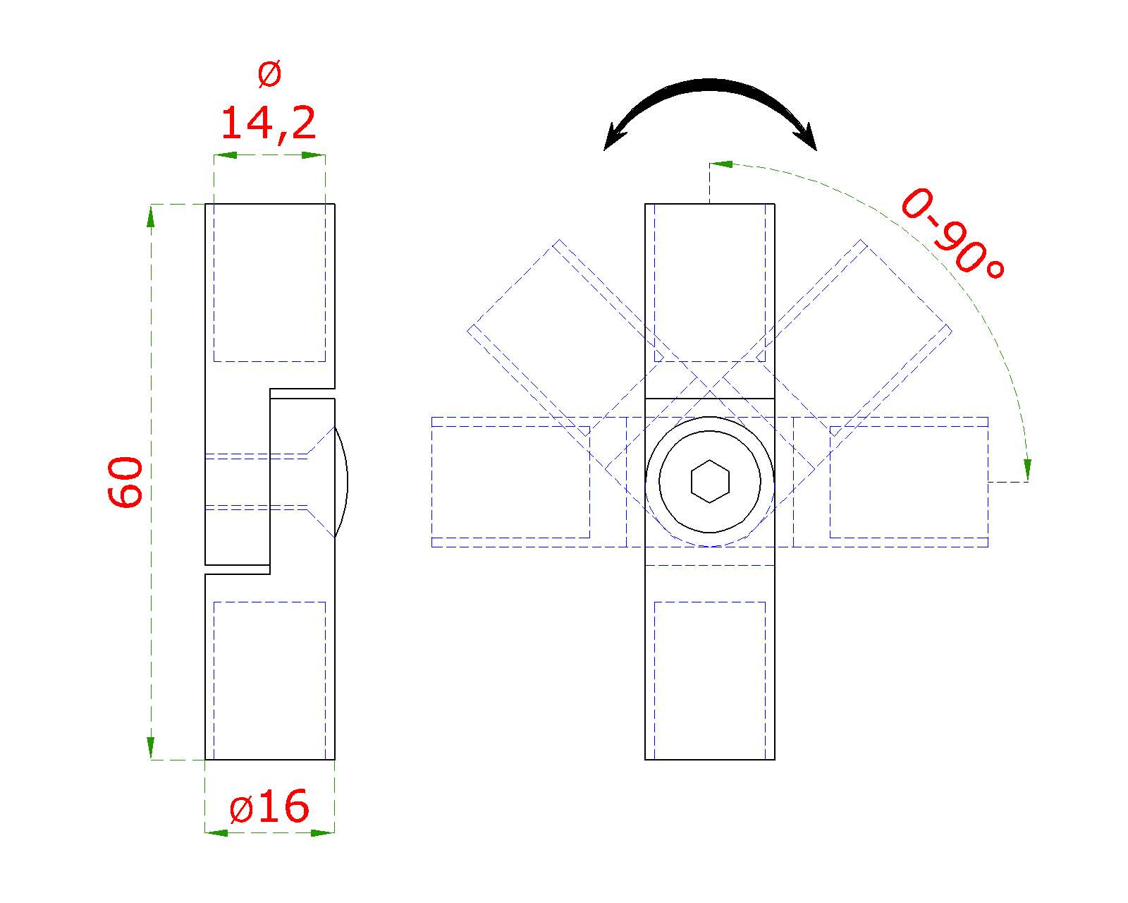 Spoj s kĺbom ø 14 mm (0-100°), leštená nerez AISI 304