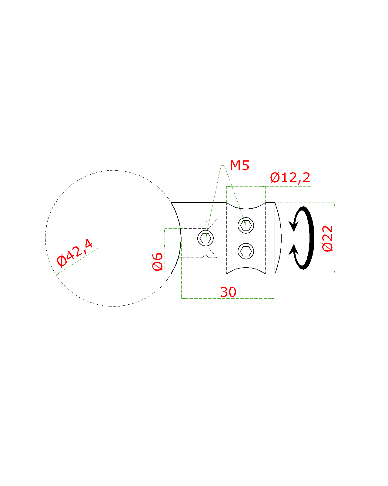 Držiak tyče ø 12 mm prechodný na trubku ø 42,4 mm, AISI 304