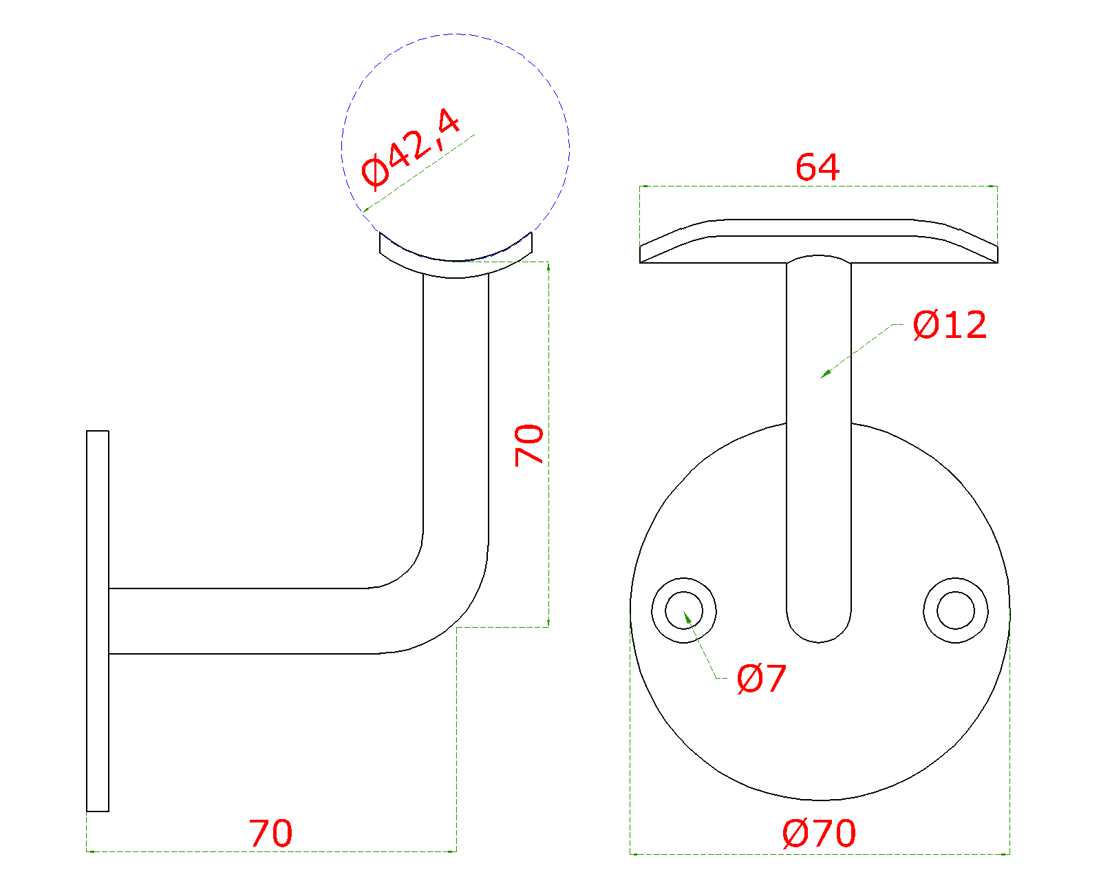Držiak madla ø 42,4 mm na stenu, leštená nerez AISI 304