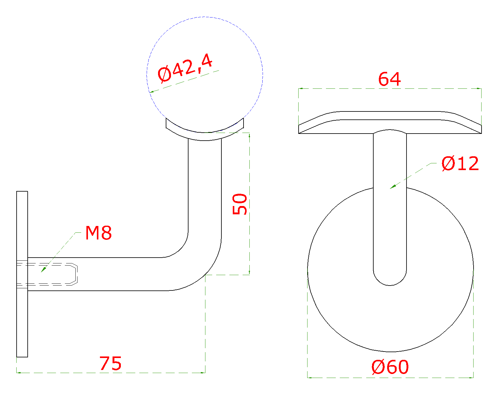 Držiak madla ø 42,4 mm na stenu, leštená nerez AISI 304