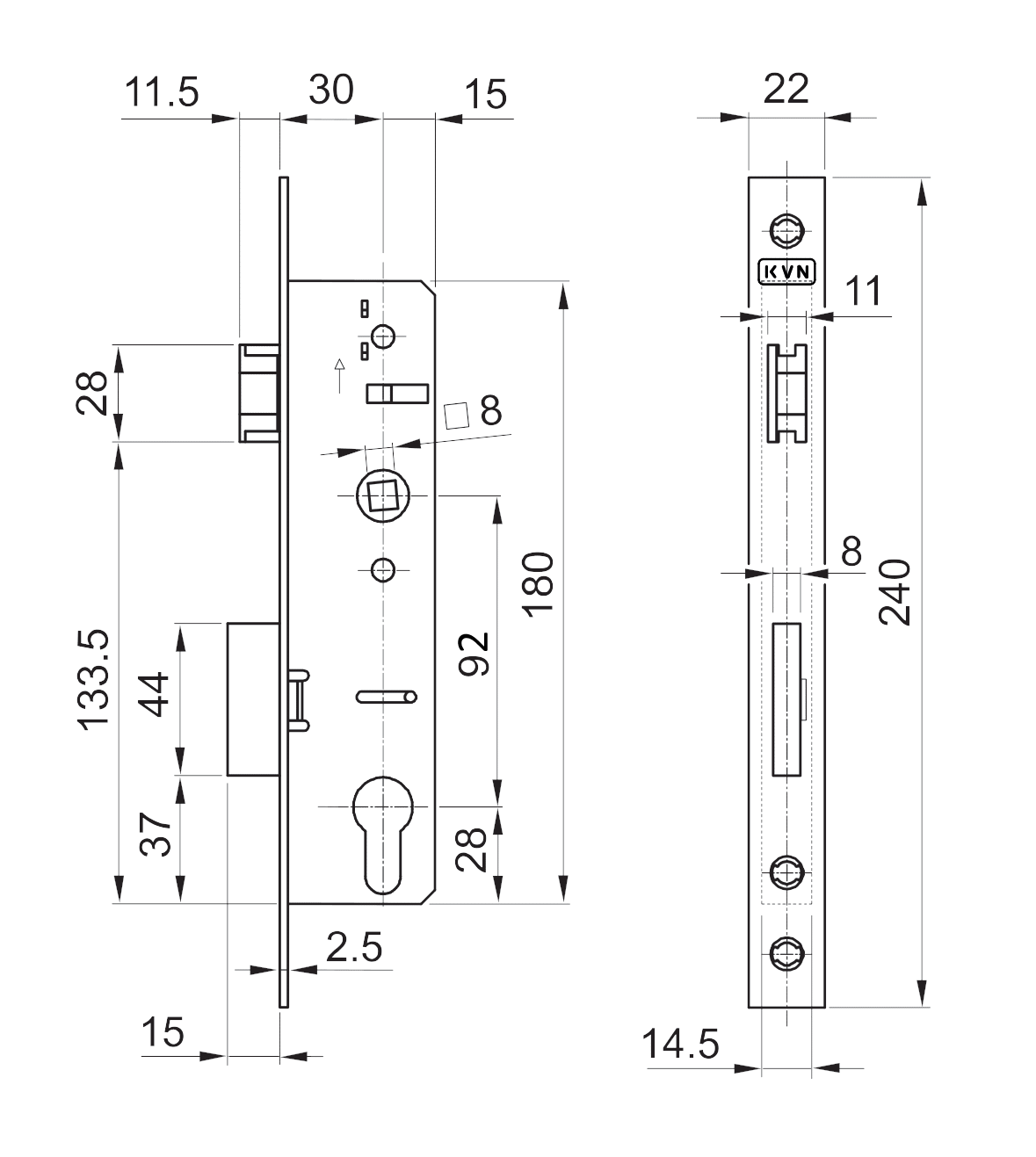 Zámok vložkový, zápust 45 mm, rozteč 92 mm, obojstranný