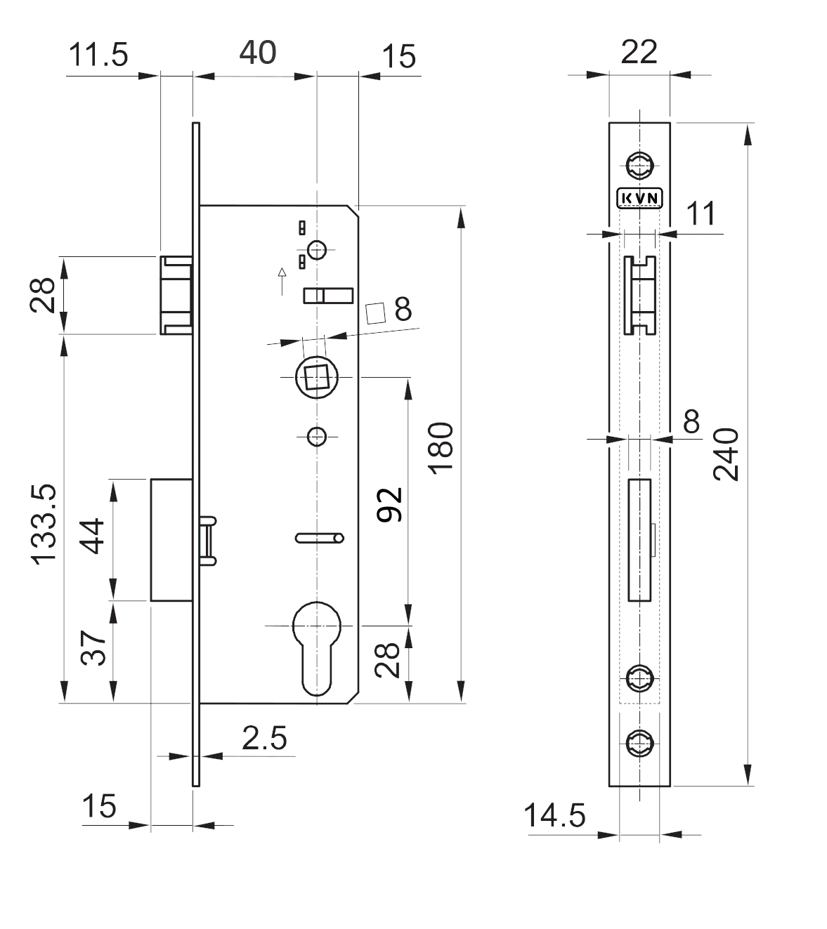 Zámok vložkový, zápust 55 mm, rozteč 92 mm, obojstranný