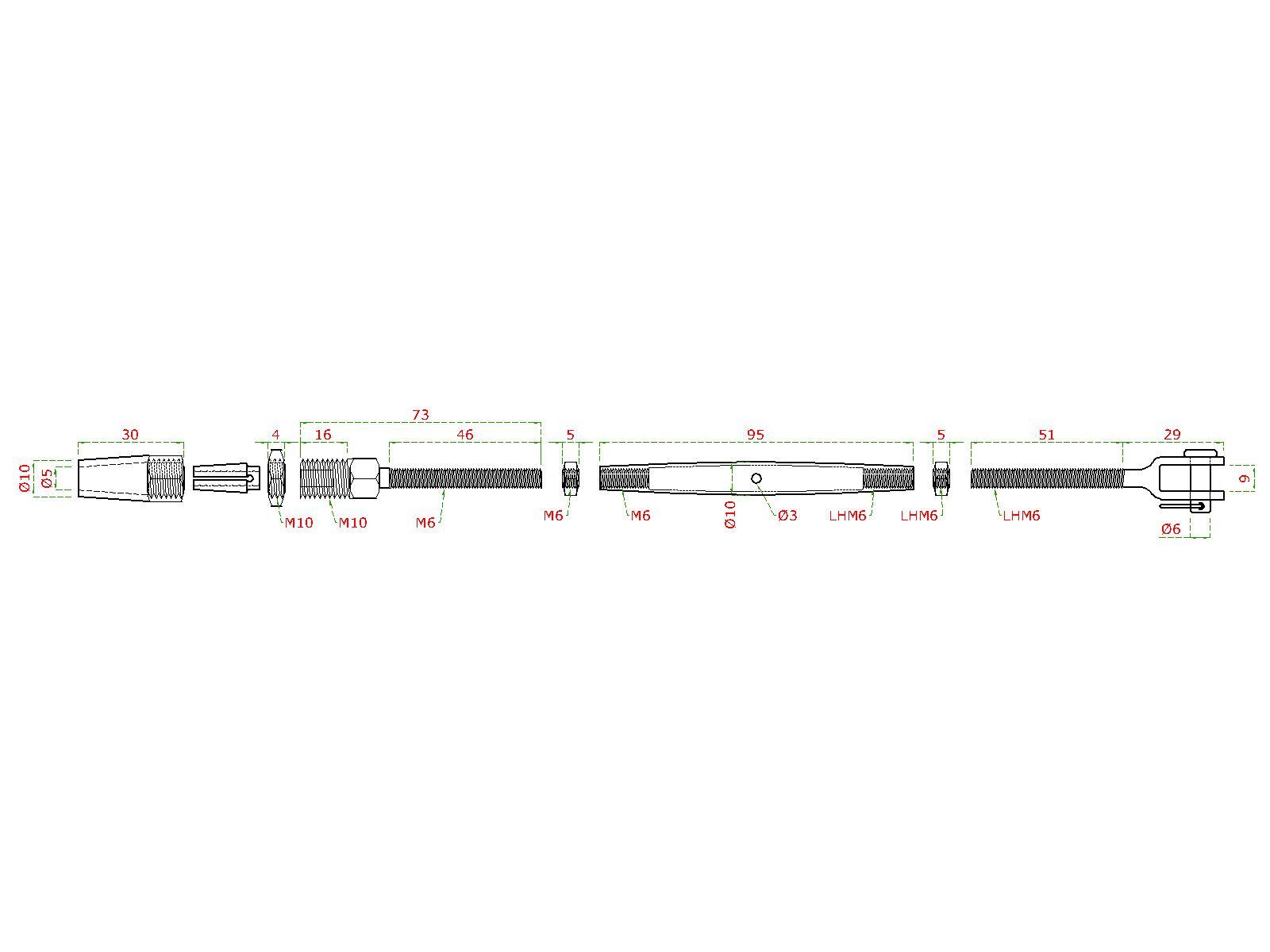 Šponovák pre lanko ø 3 mm, závit M6/LH6, brúsená AISI 304