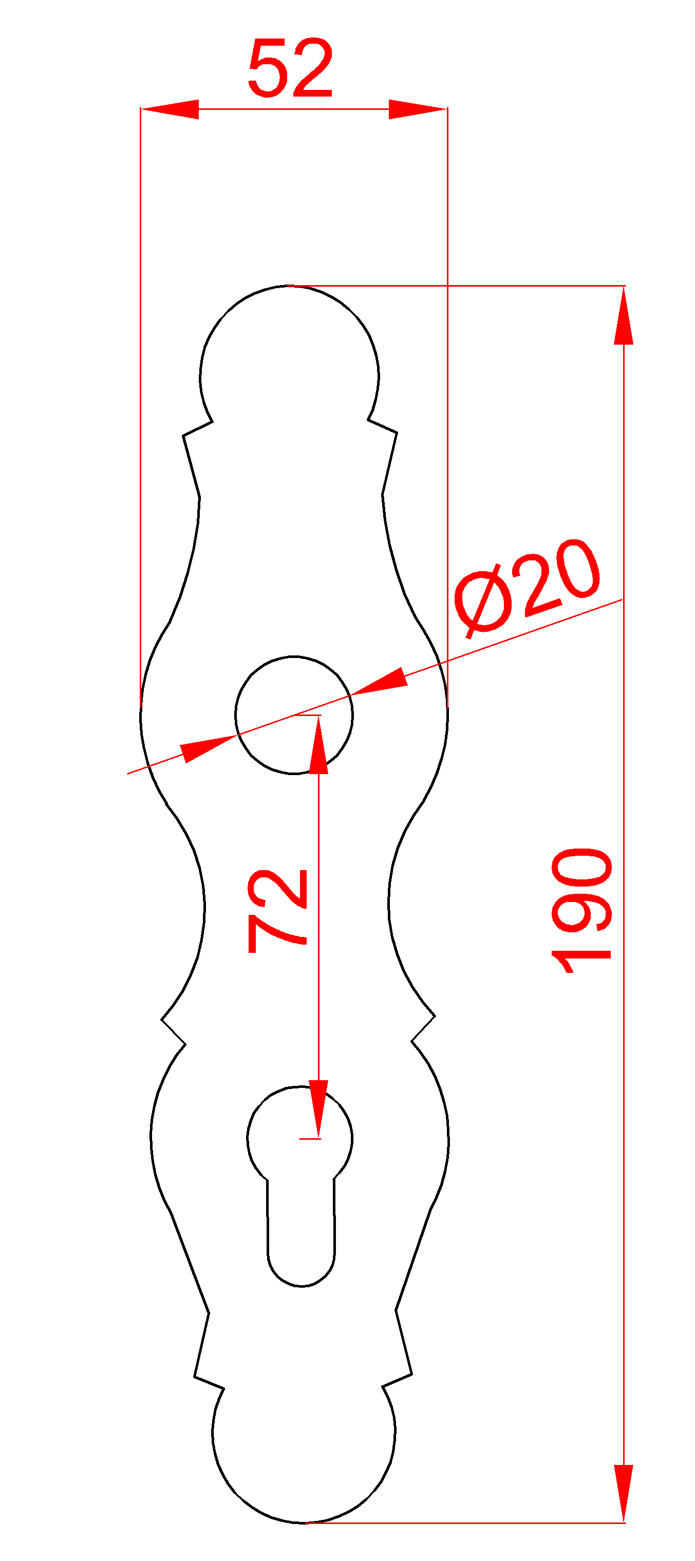 Štít s otvormi 210 x 52 x 3 mm, rozteč 72 mm, otvor ø 20 mm