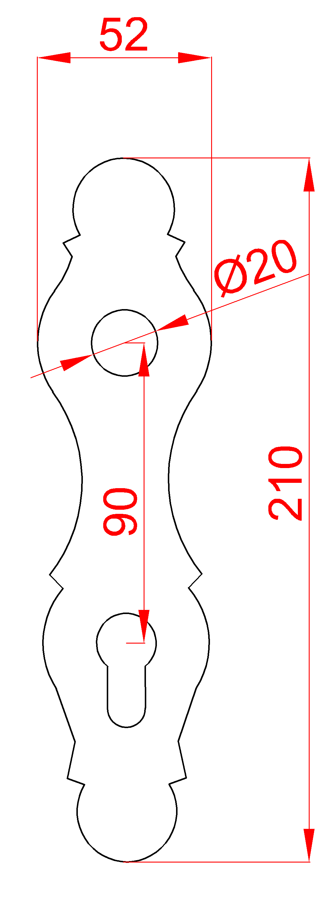 Štít s otvormi 210 x 52 x 3 mm, rozteč 90 mm, otvor ø 20 mm