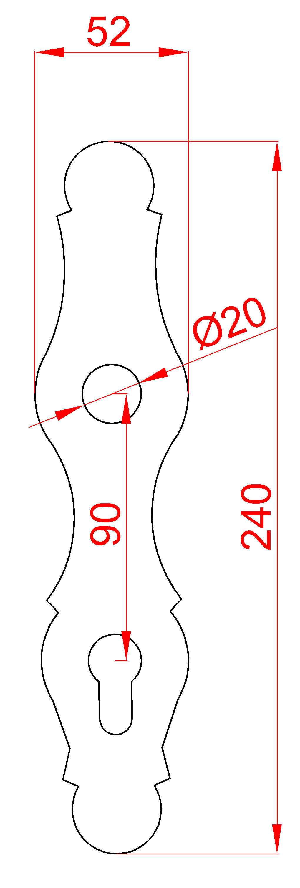 Štít kovaný 240 x 52 x 3 mm, rozteč 90 mm, otvor ø 20 mm