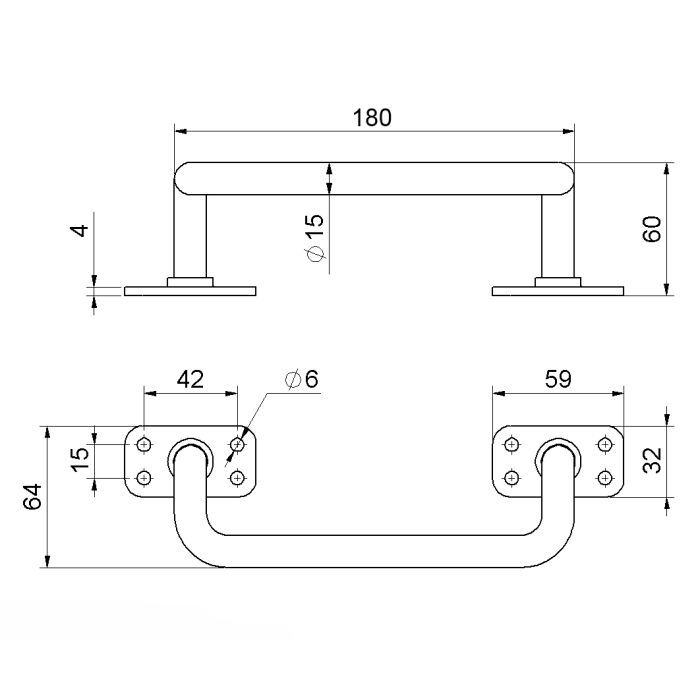 Madlo 180 x 14 mm, odsadenie 57 mm, čierna farba