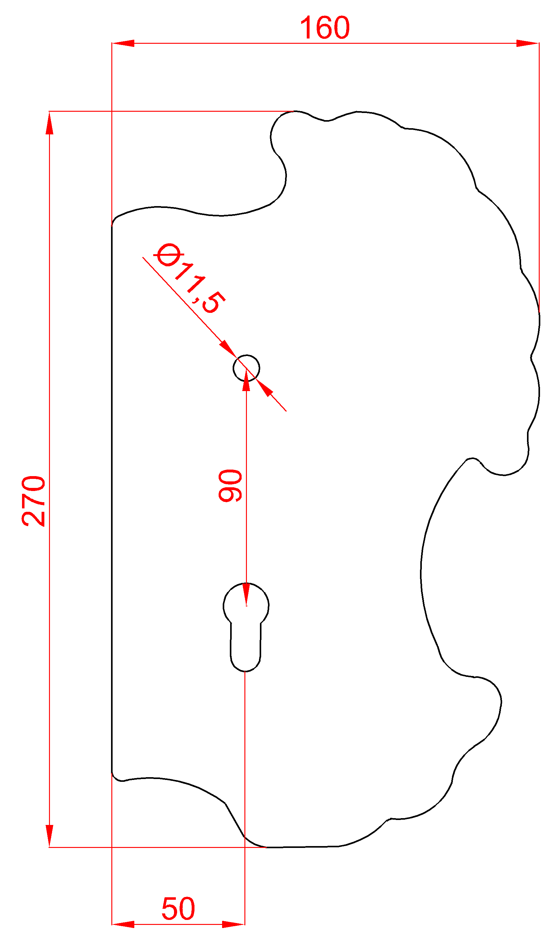DOPREDAJ štít 270 x 160 x 3 mm, rozteč 90 mm, pravý