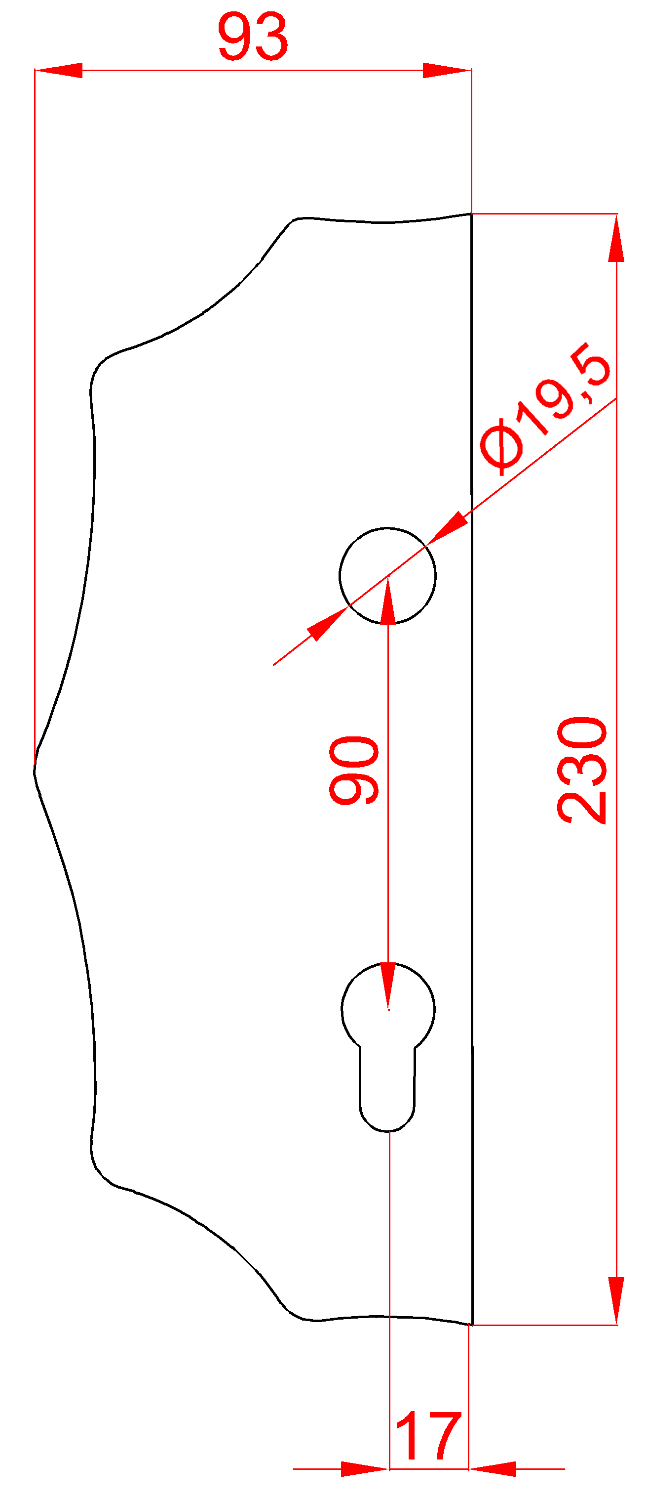 Štít 230 x 93 x 3 mm s otvormi, rozteč 90 mm, obojstranný