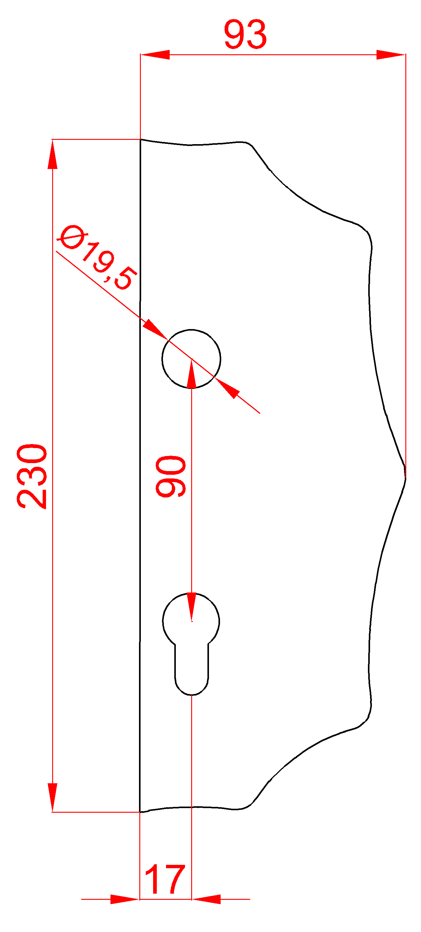 Štít 230 x 93 x 3 mm s otvormi, rozteč 90 mm, pravý