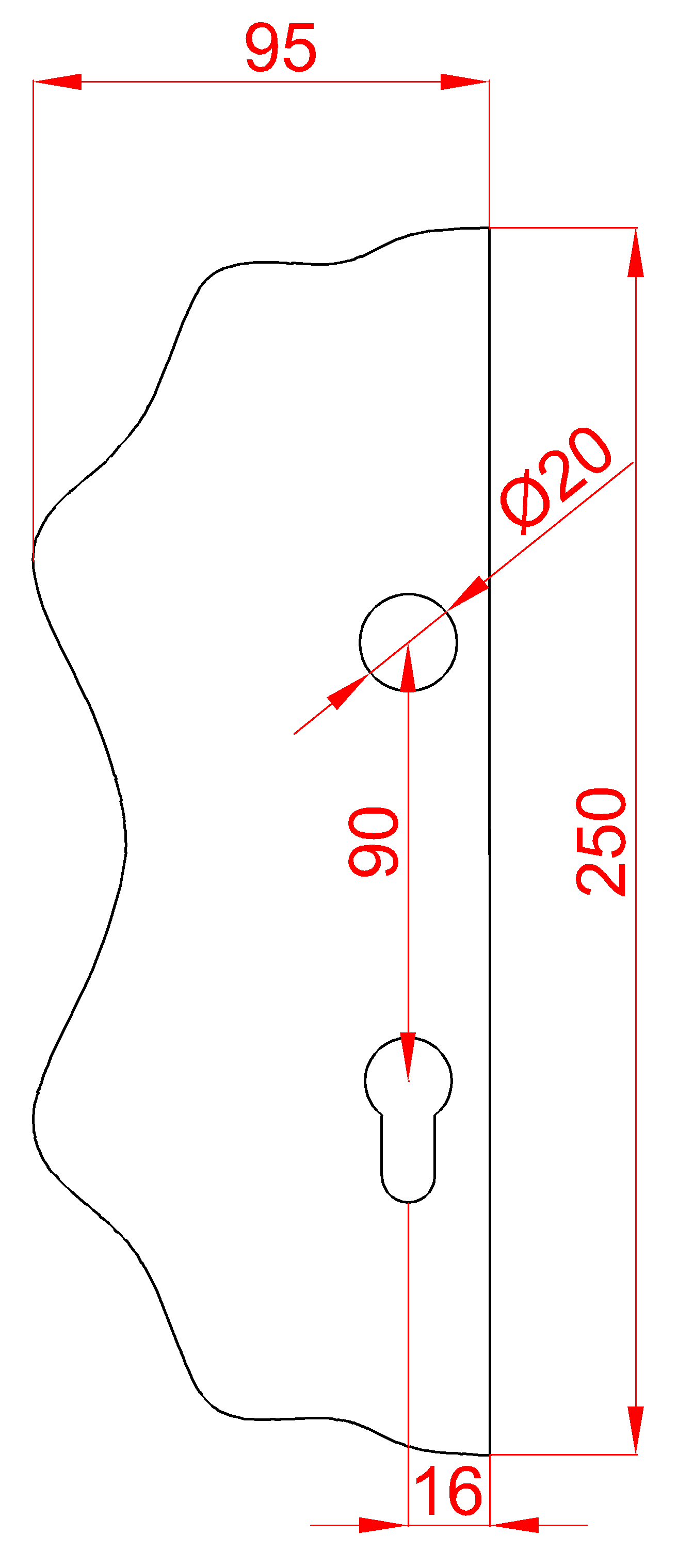 Štít 250 x 95 x 3 mm s otvormi, rozteč 90 mm, ozdobný, ľavý