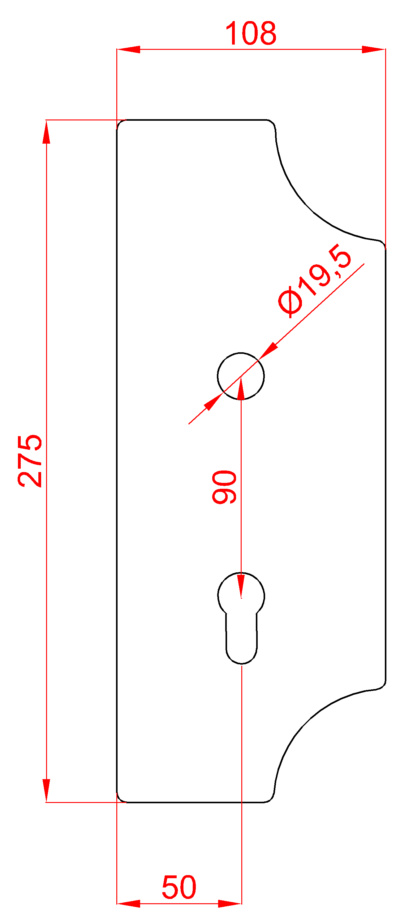 DOPREDAJ štít 275 x 108 x 3 mm, rozteč 90 mm, pravý