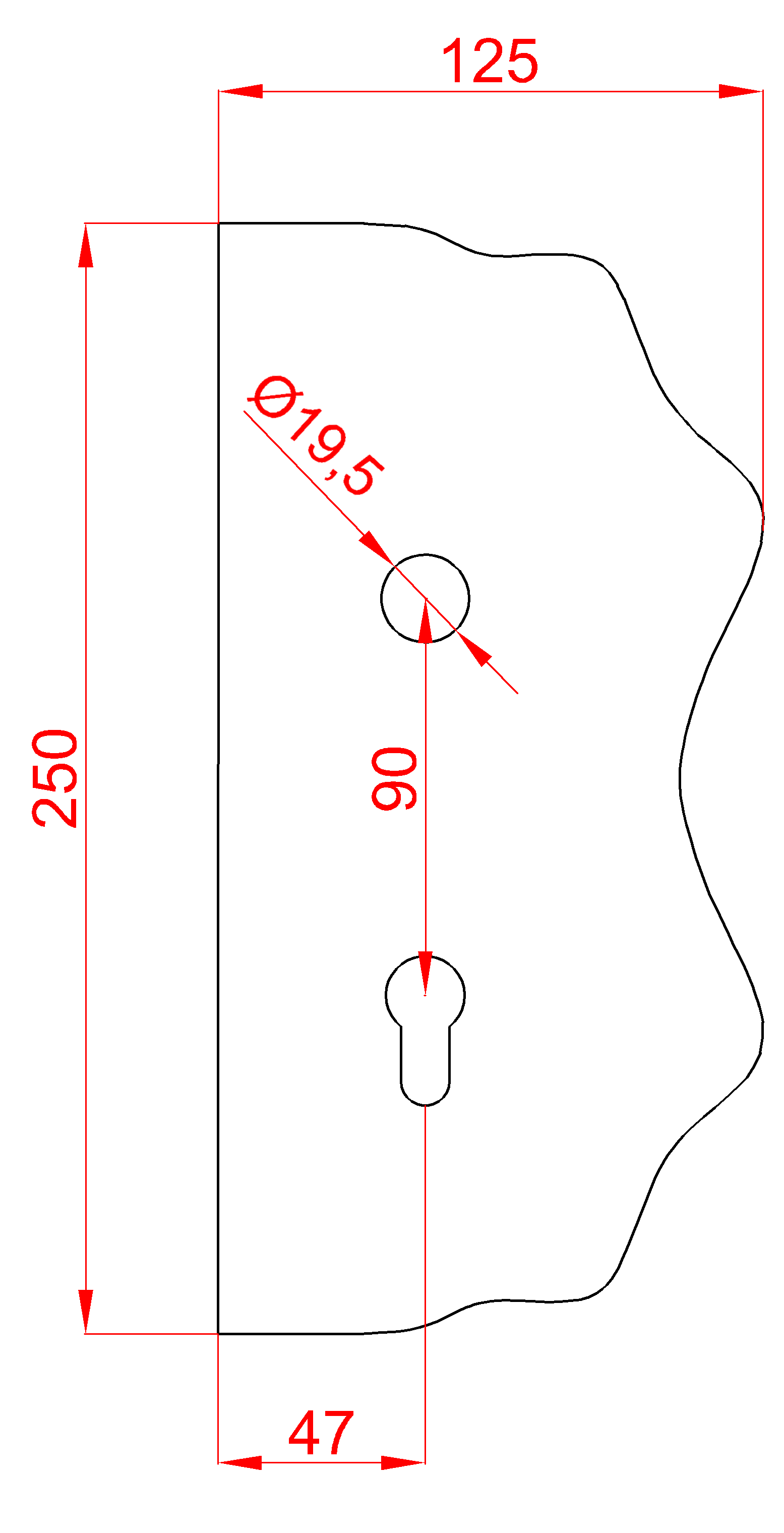 Štít 250 x 125 x 3 mm, rozteč 90 mm, zdobený, pravý