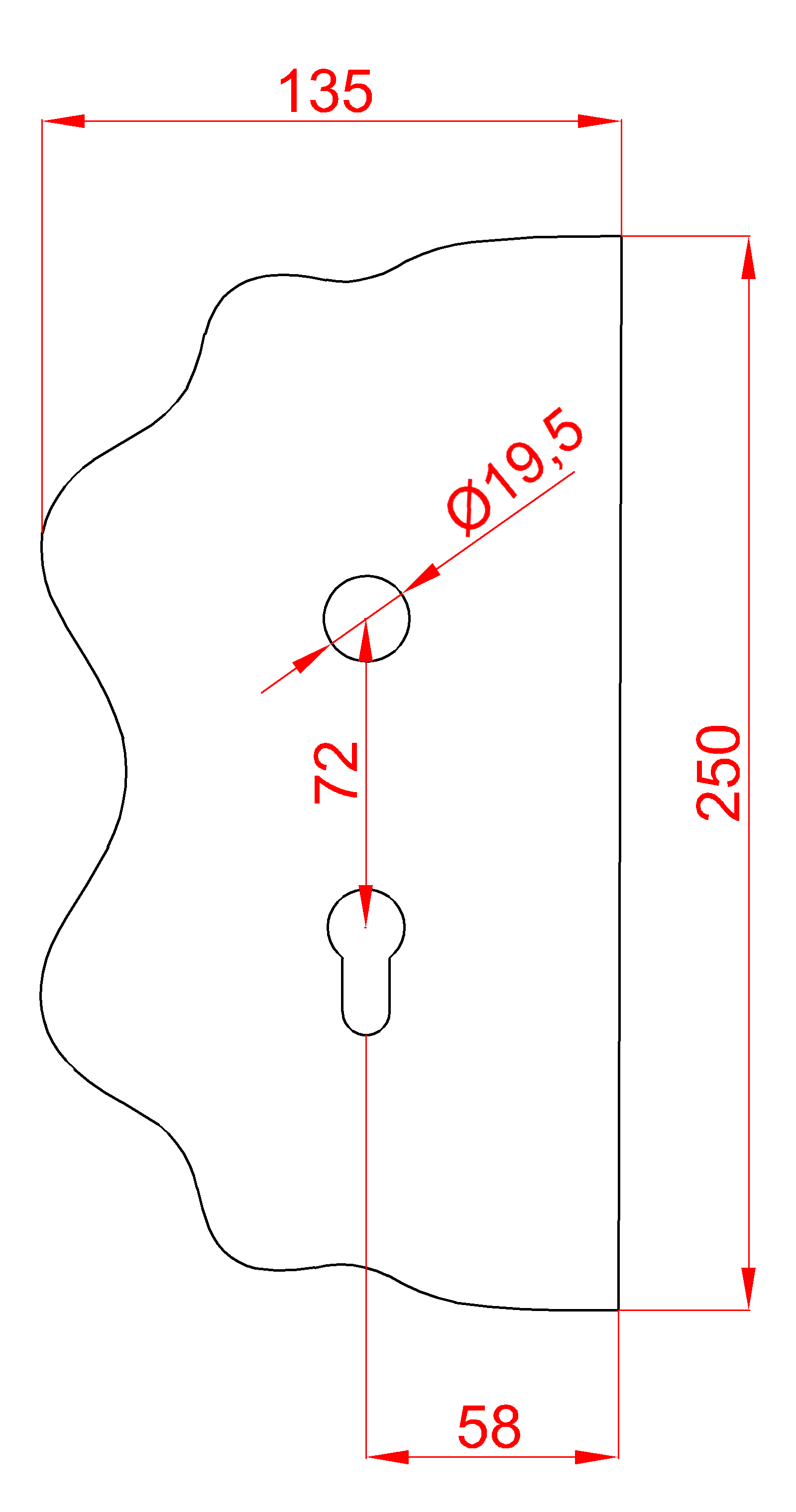 Štít 250 x 135 x 3 mm, rozteč 72 mm, zdobený, ľavý