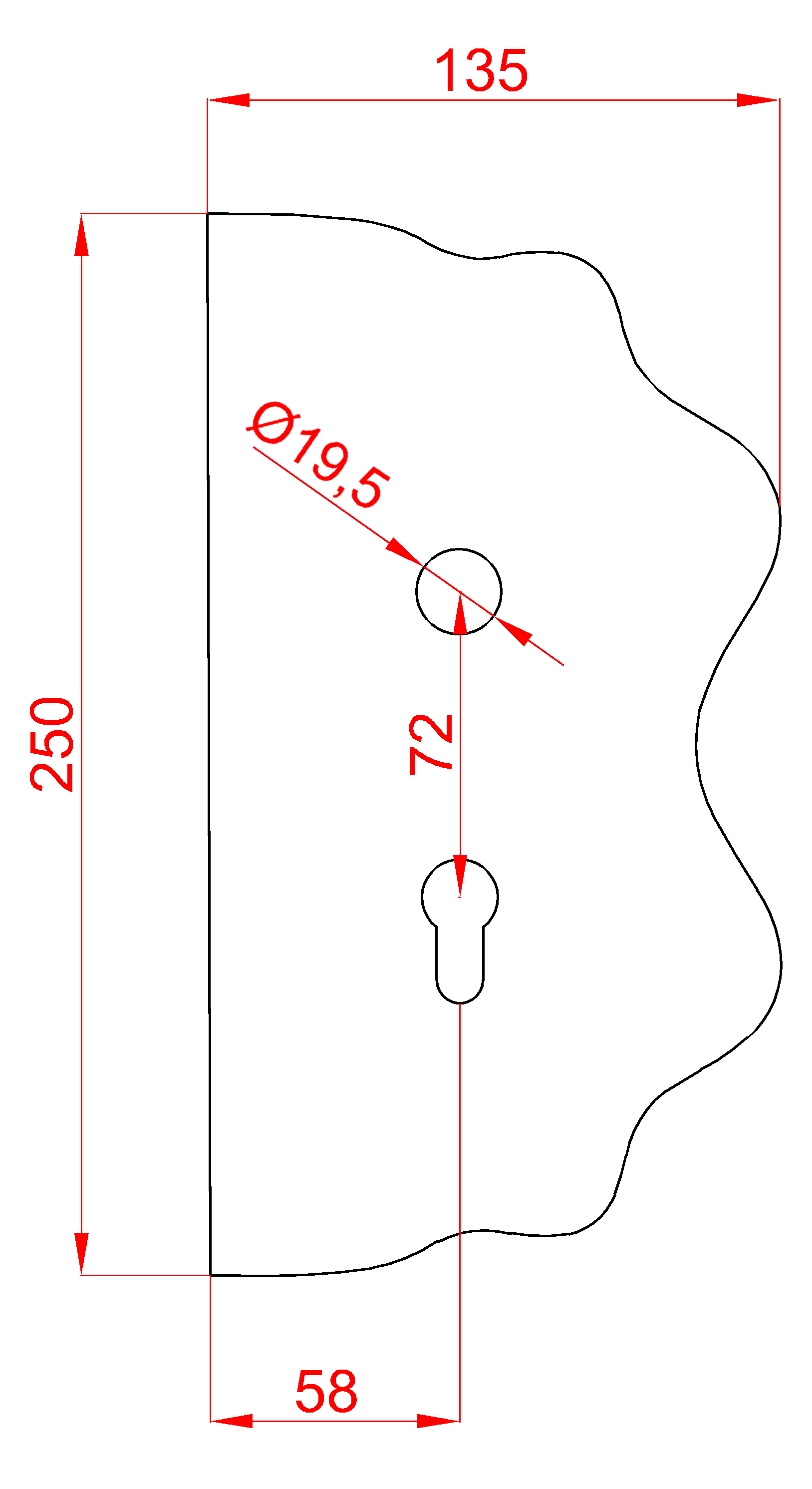 Štít 250 x 135 x 3 mm, rozteč 72 mm, zdobený, pravý