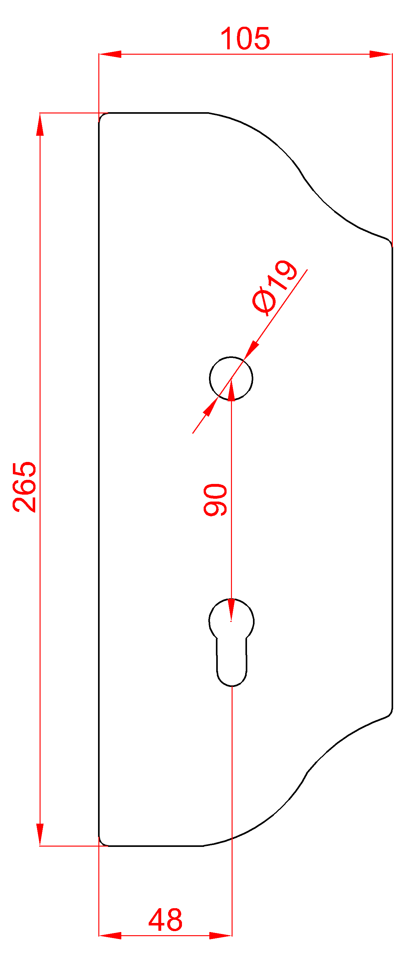 Štít 265 x 105 x 3 mm, rozteč 90 mm, zdobený, pravý