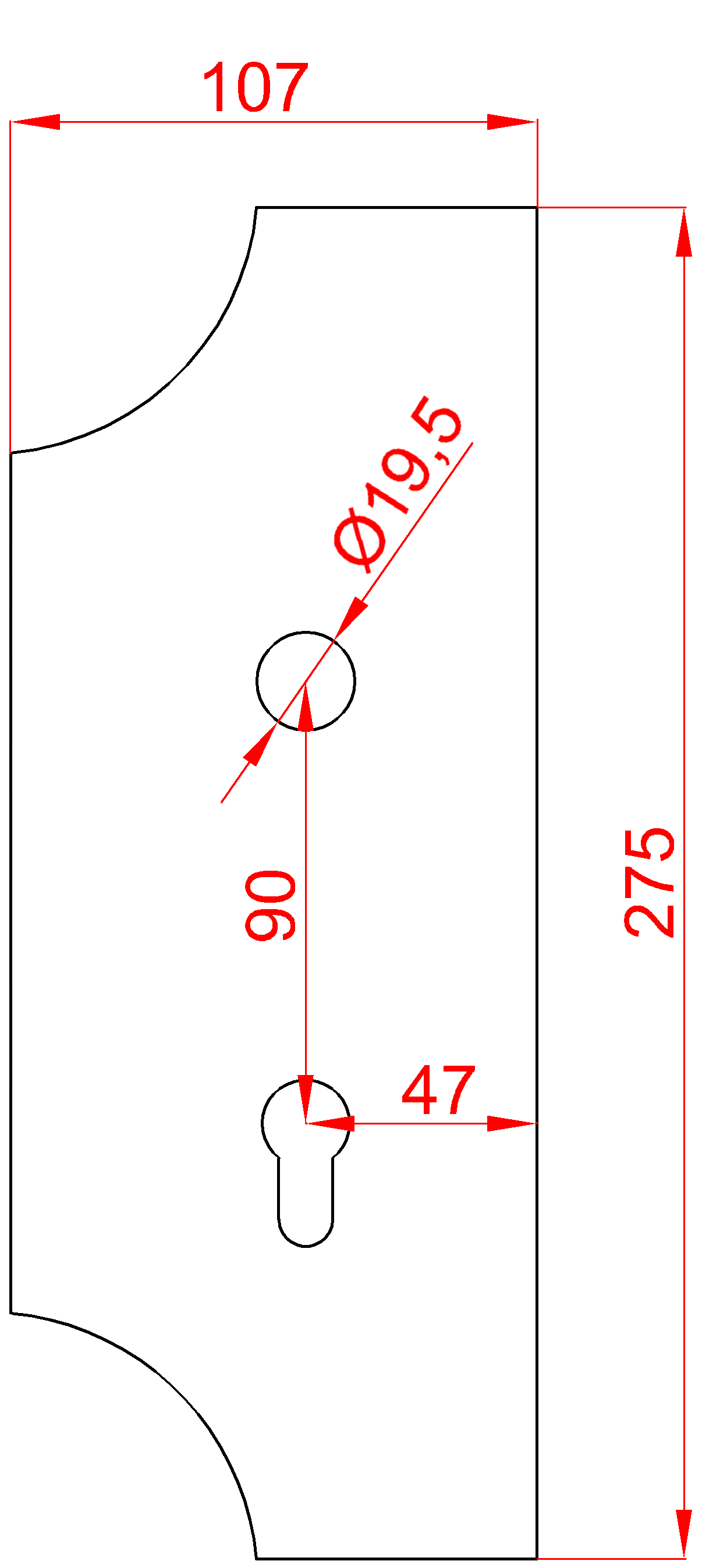 Štít s otvormi 275 x 107 x 3 mm, otvor na kľučku ø 19,5 mm
