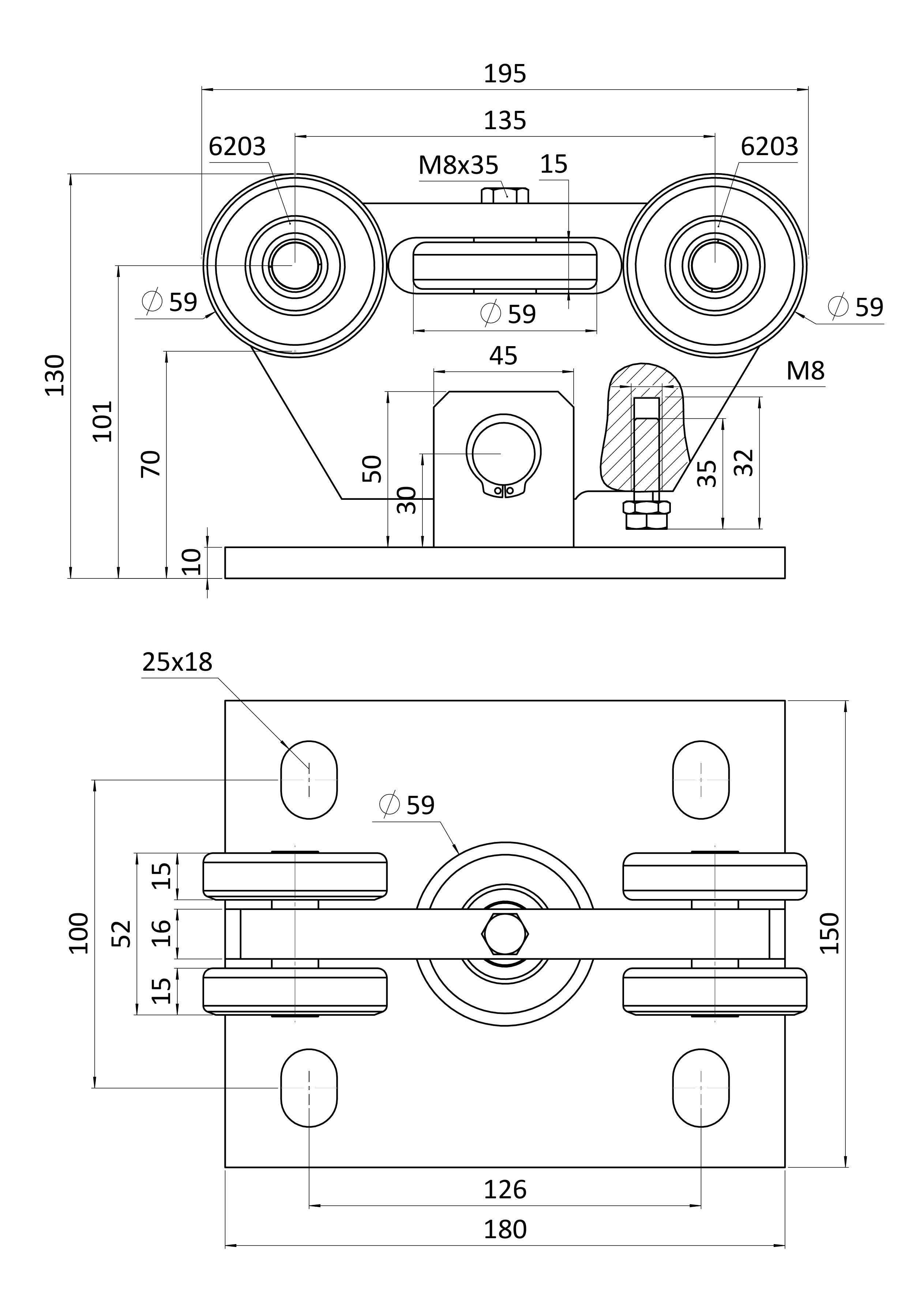 Vozík PICCOLO (67x67mm) pre brány do 300 kg/4,5 m, AISI 304